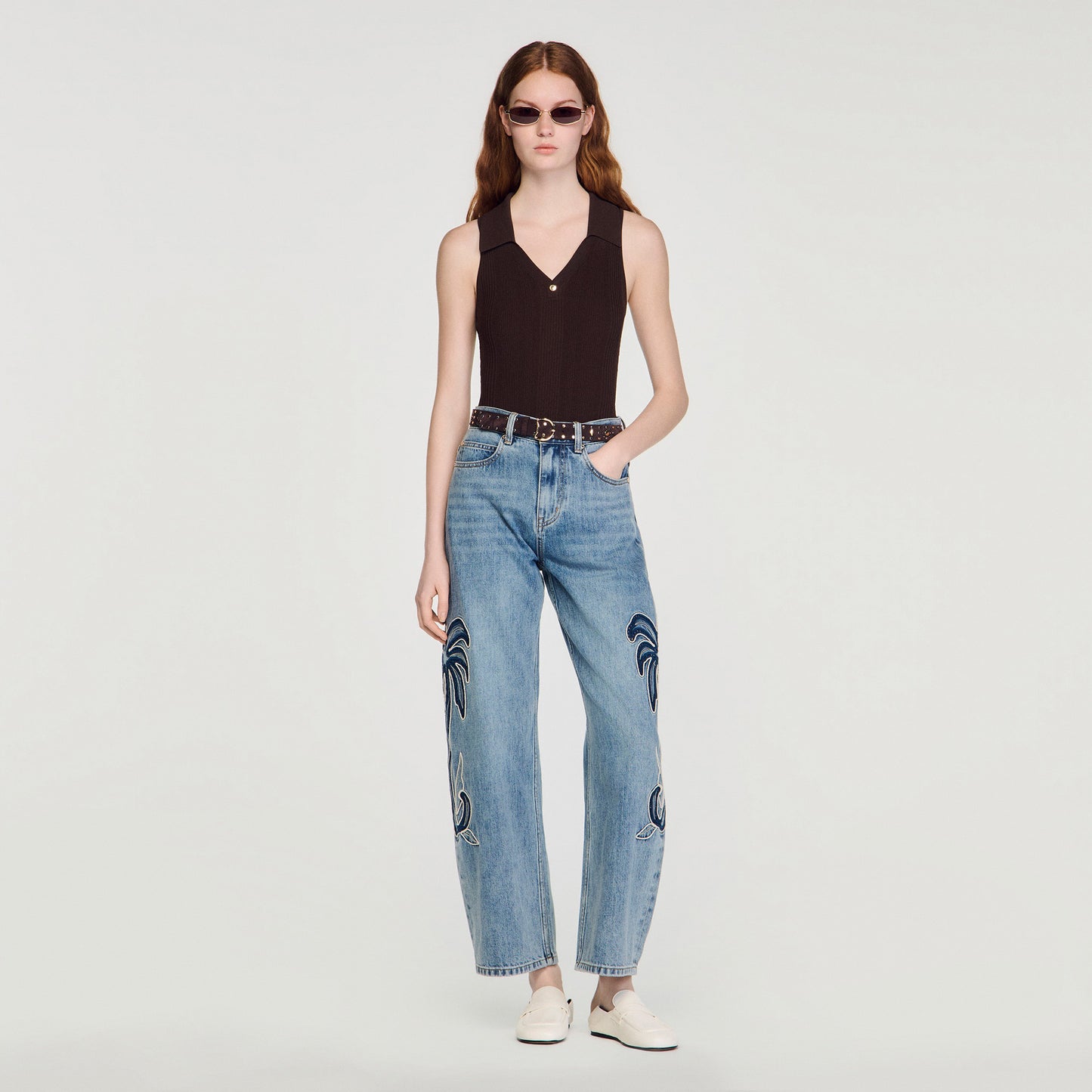 Salvador Ribbed Knit Polo Bodysuit Brown