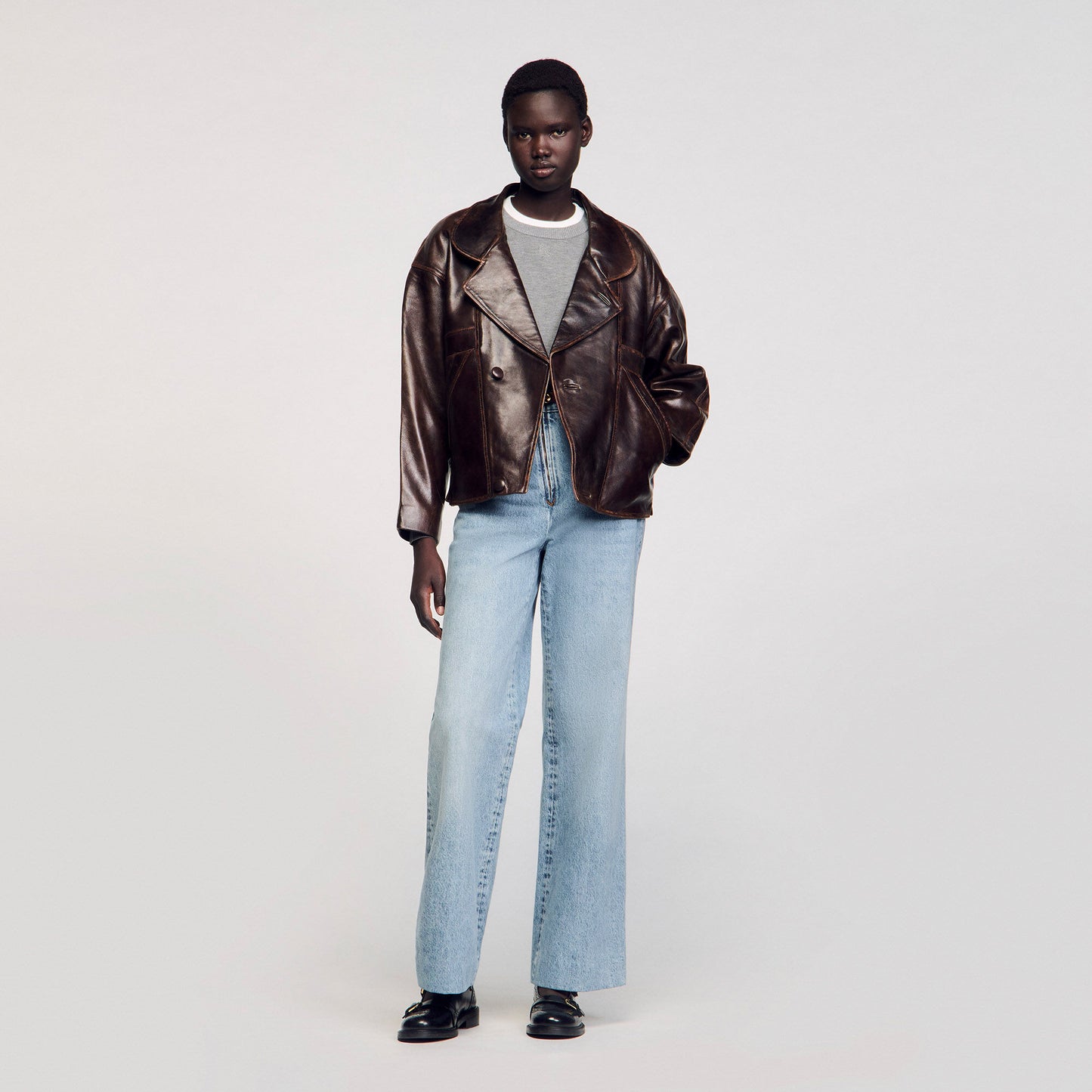 Oversized Leather Jacket Brown