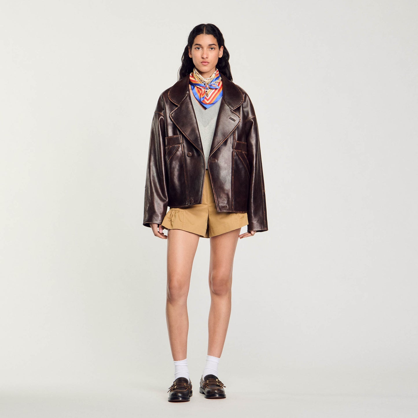 Oversized Leather Jacket Brown
