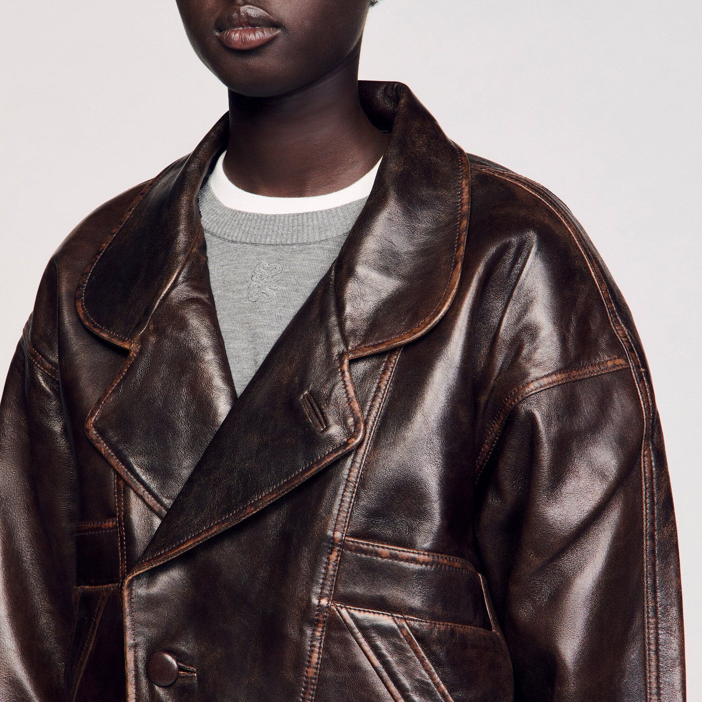 Oversized Leather Jacket Brown