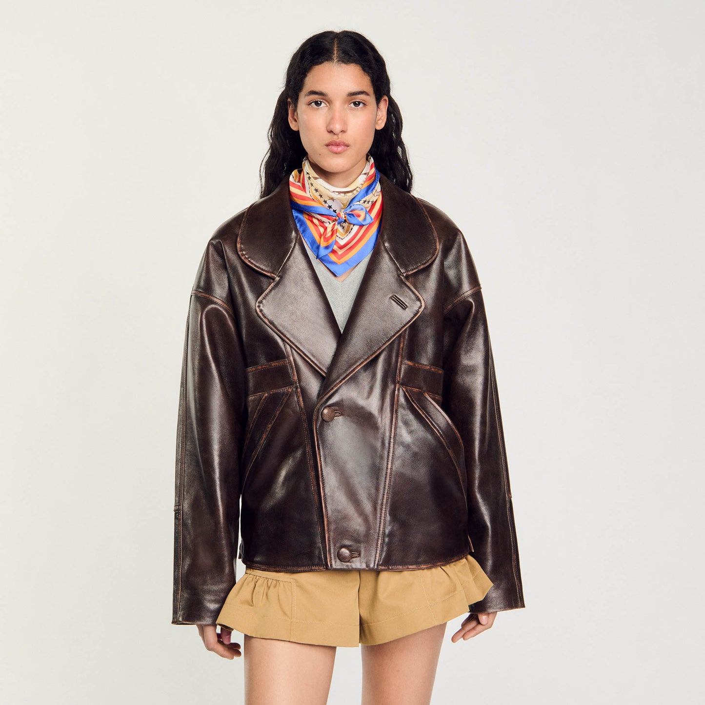 Oversized Leather Jacket Brown