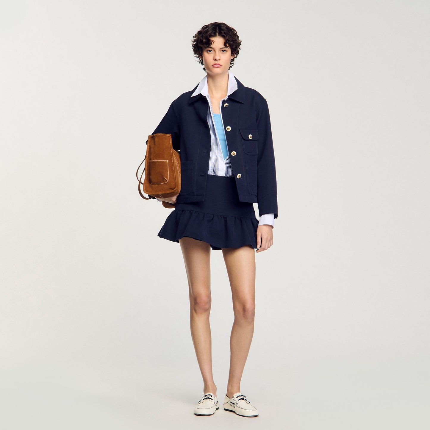 Cropped Jacket With Officer Buttons Navy Blue