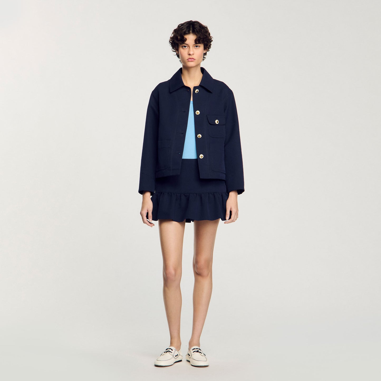 Cropped Jacket With Officer Buttons Navy Blue
