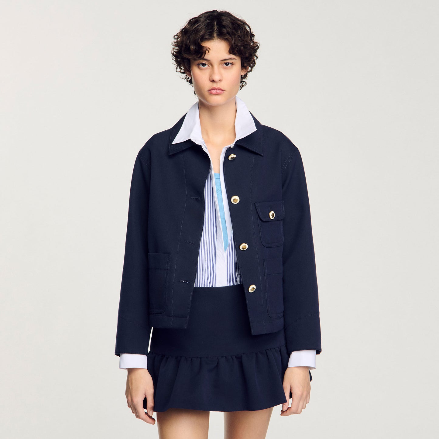 Cropped Jacket With Officer Buttons Navy Blue