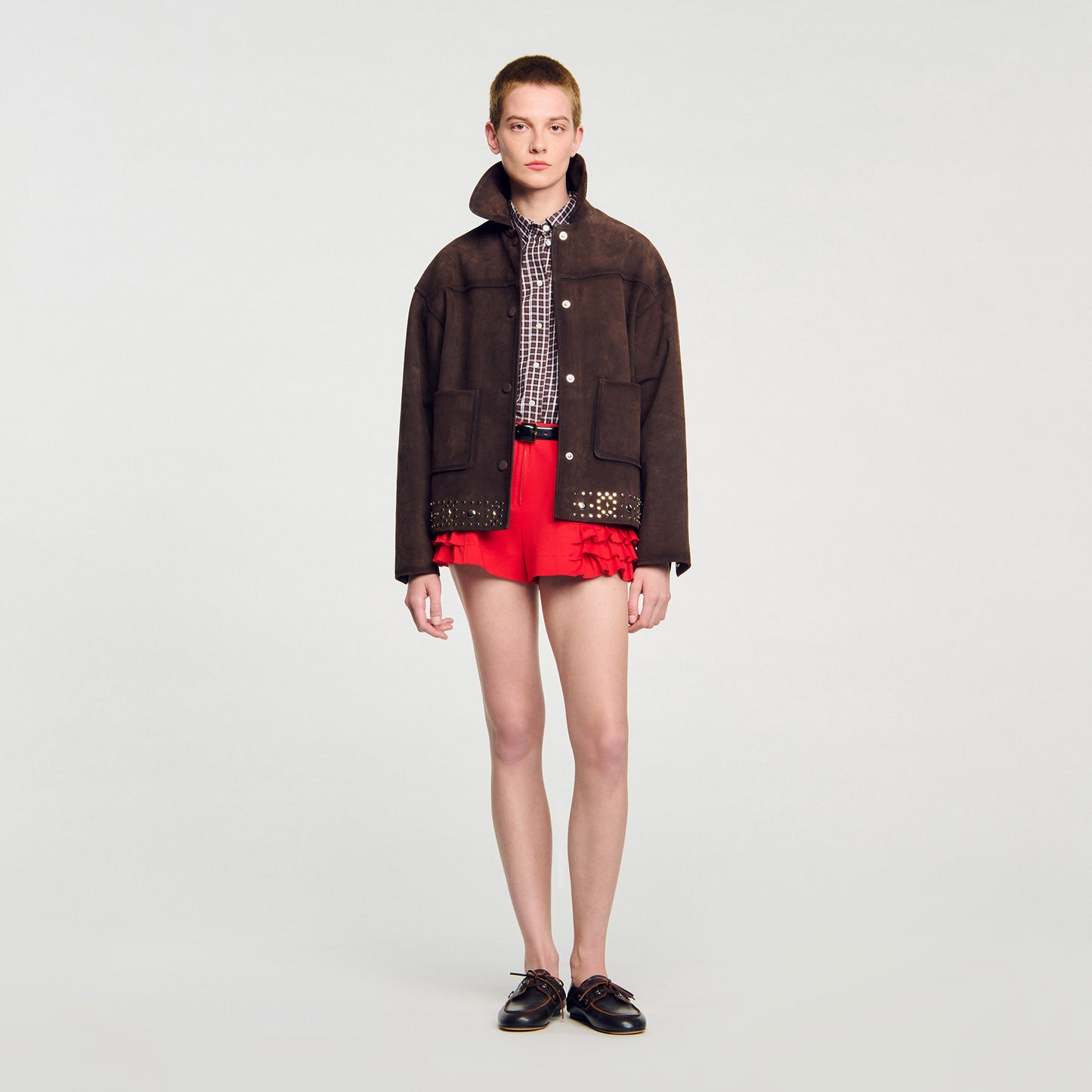 Jodie Studded Suede Leather Jacket Brown