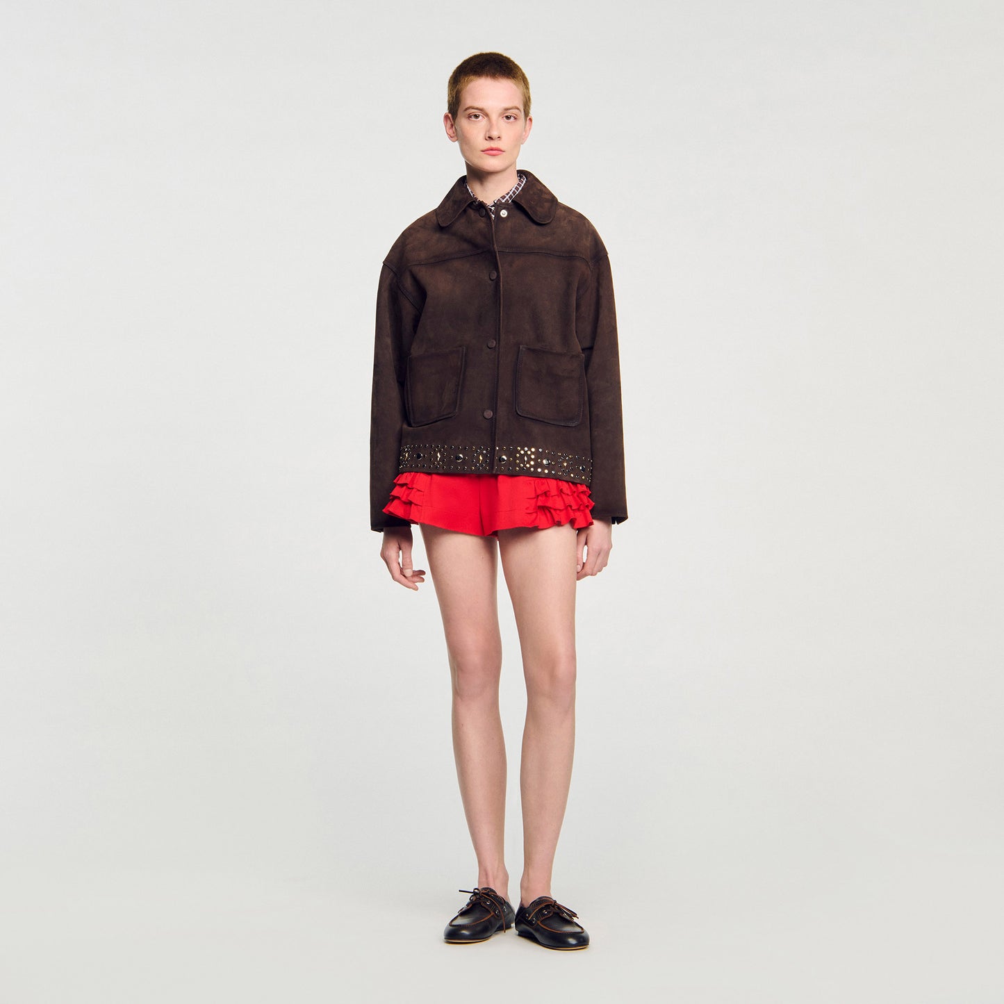 Jodie Studded Suede Leather Jacket Brown