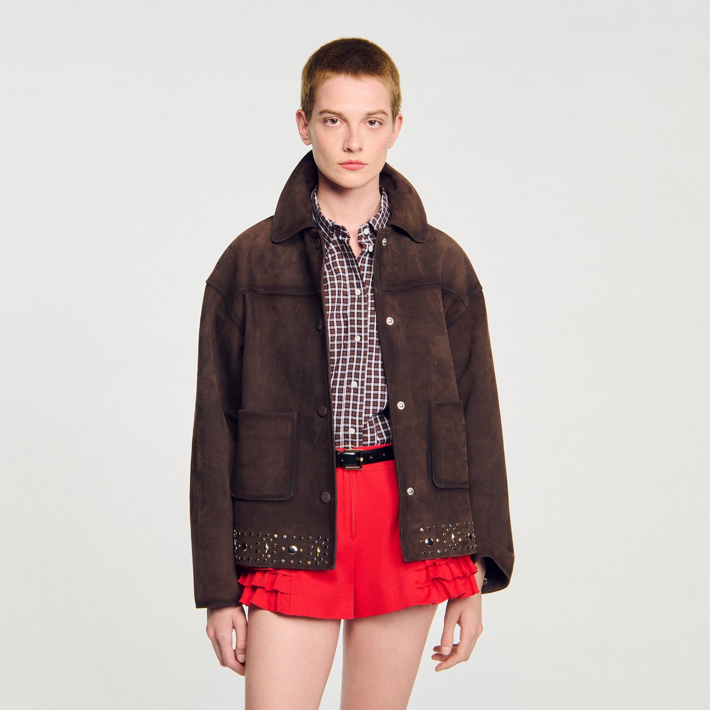 Jodie Studded Suede Leather Jacket Brown