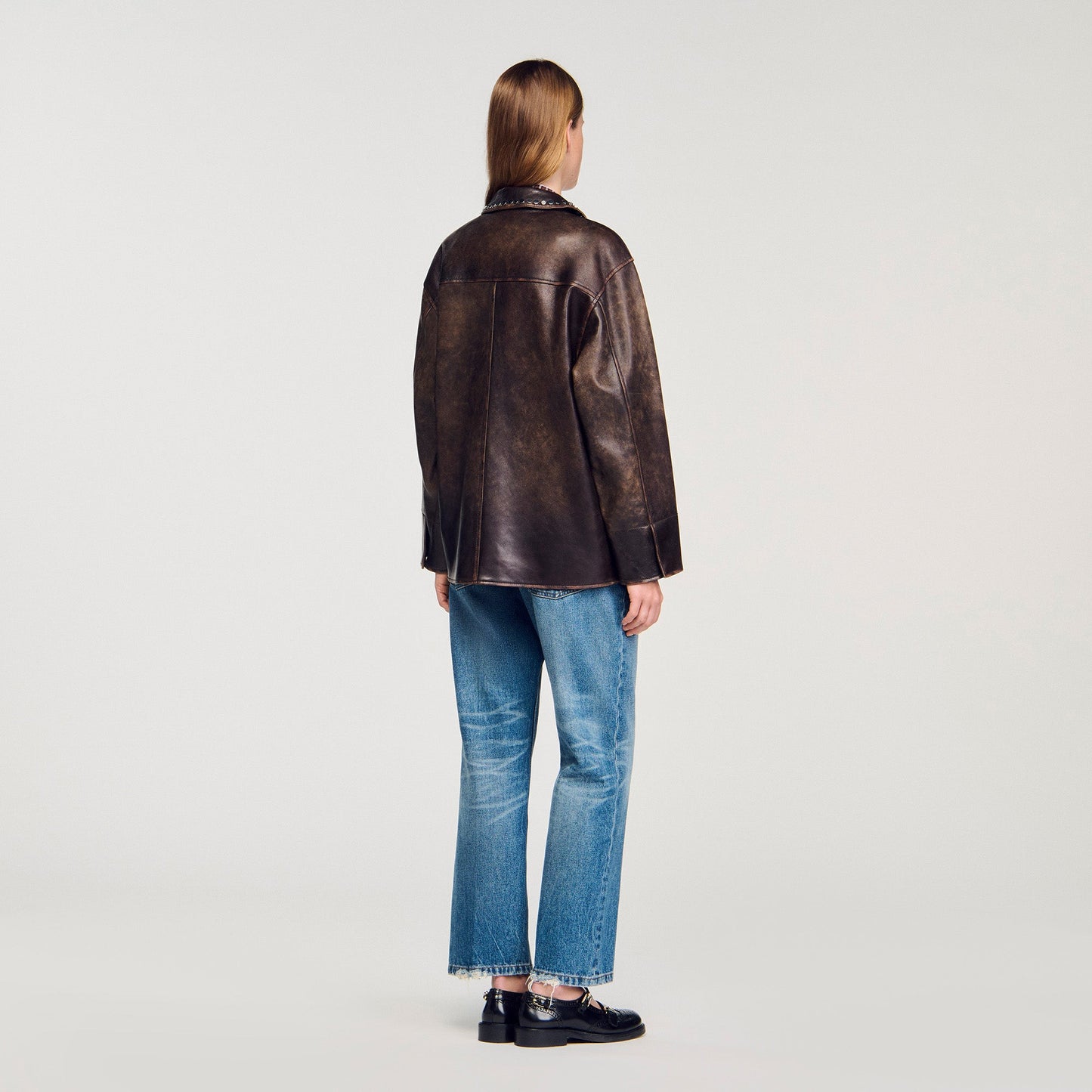 Joe Oversized Leather Jacket With Studs Brown