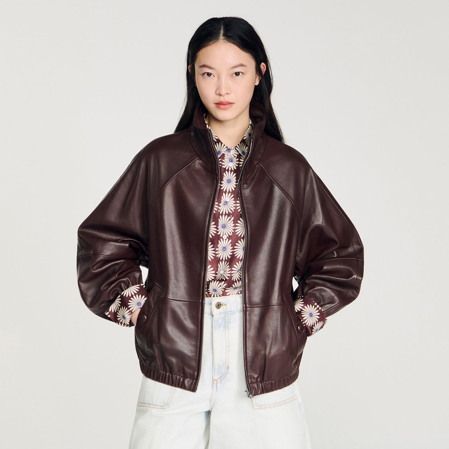 Jordan Oversized Zip-Up Leather Jacket Brown
