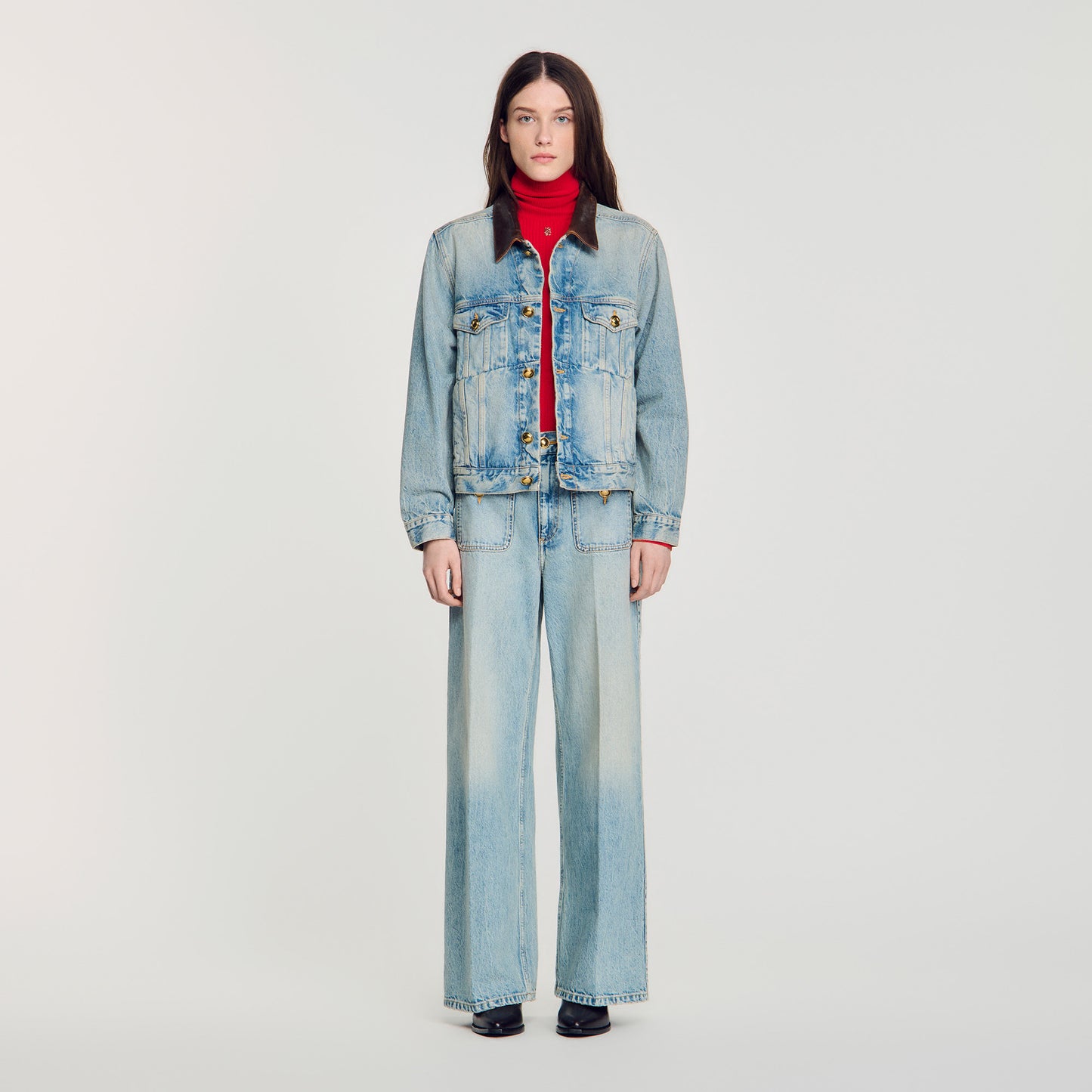 Freja Denim jacket with leather collar Blue Jean