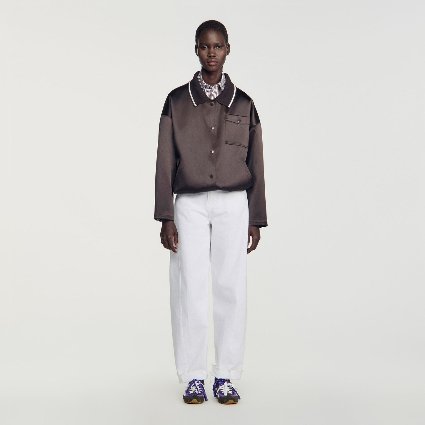 Quinn Satin-look jacket with polo collar Brown