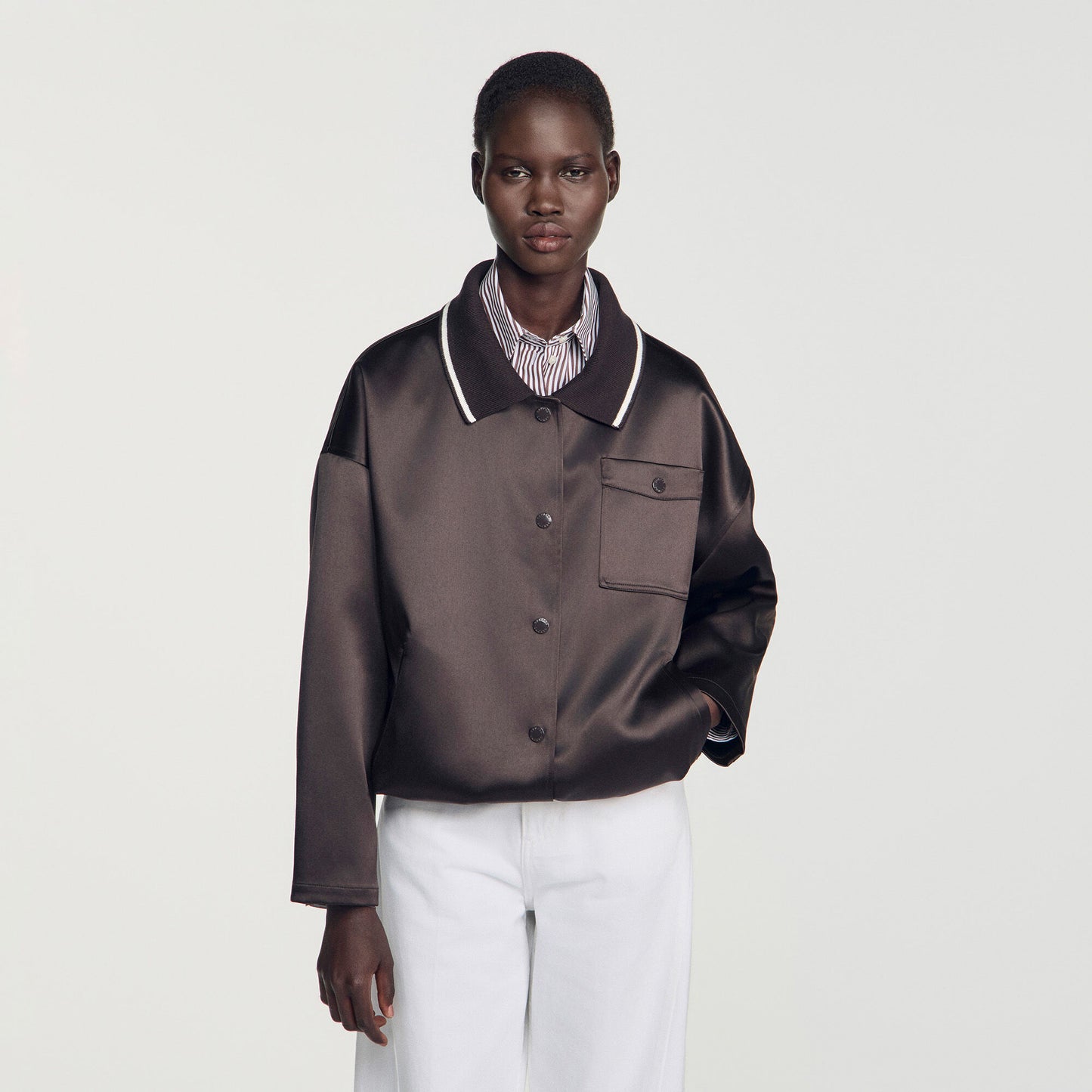 Quinn Satin-look jacket with polo collar Brown