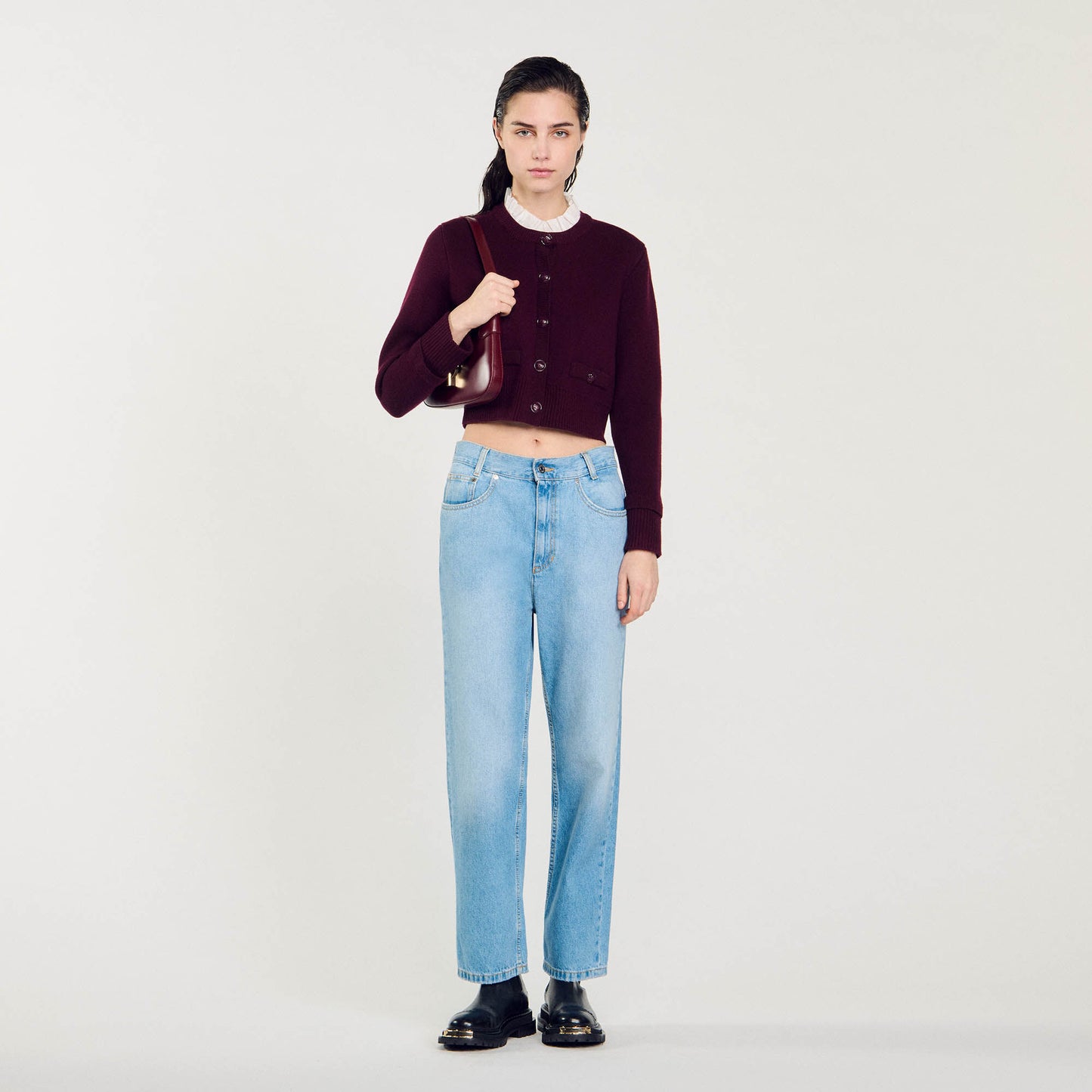 Knit Cardigan With Ruffled Collar Bordeaux