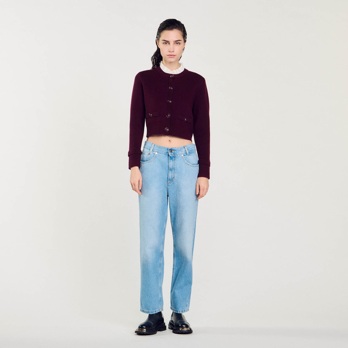Knit Cardigan With Ruffled Collar Bordeaux