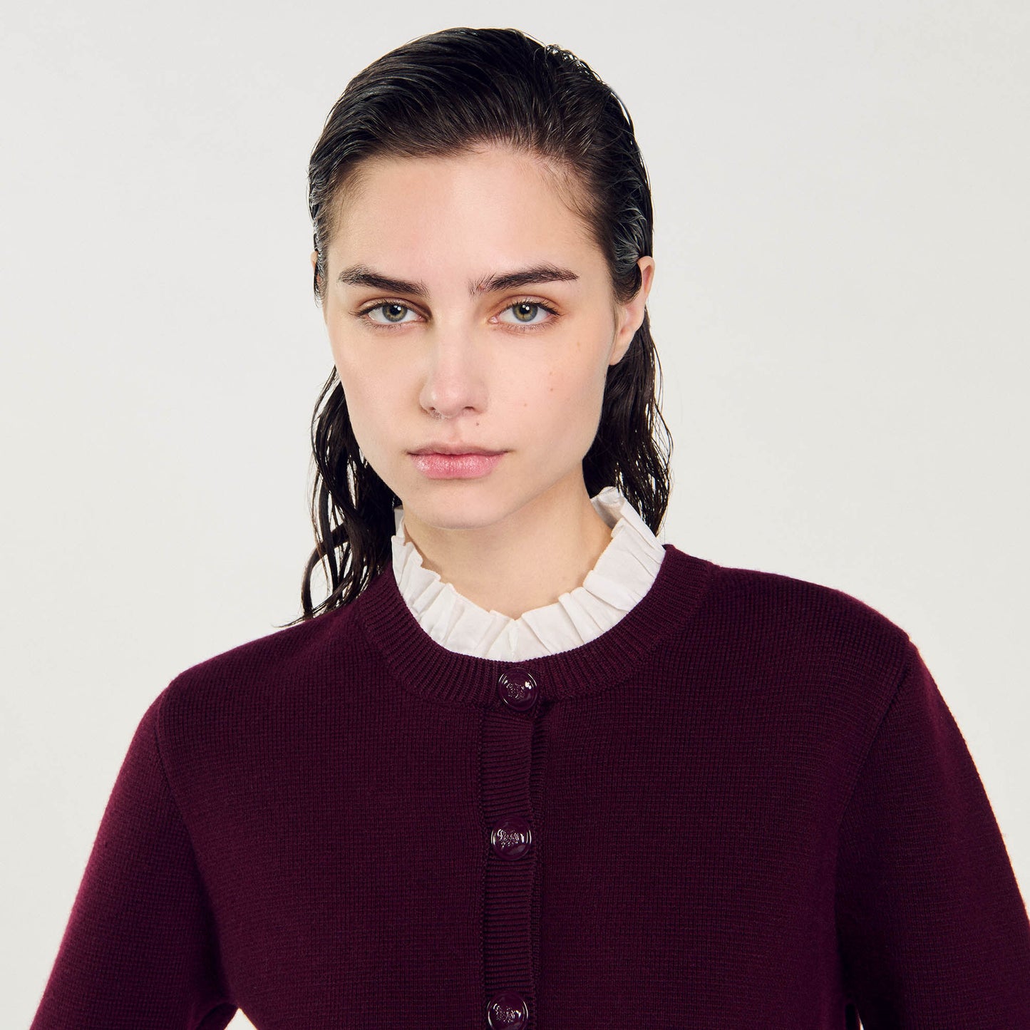 Knit Cardigan With Ruffled Collar Bordeaux