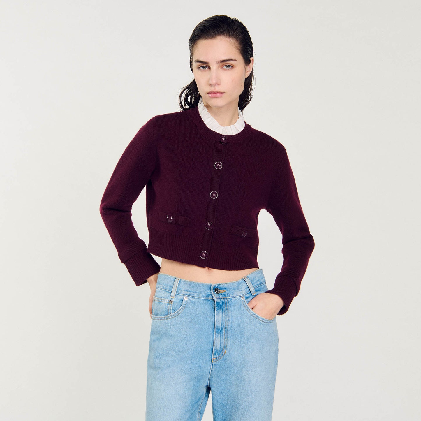 Knit Cardigan With Ruffled Collar Bordeaux