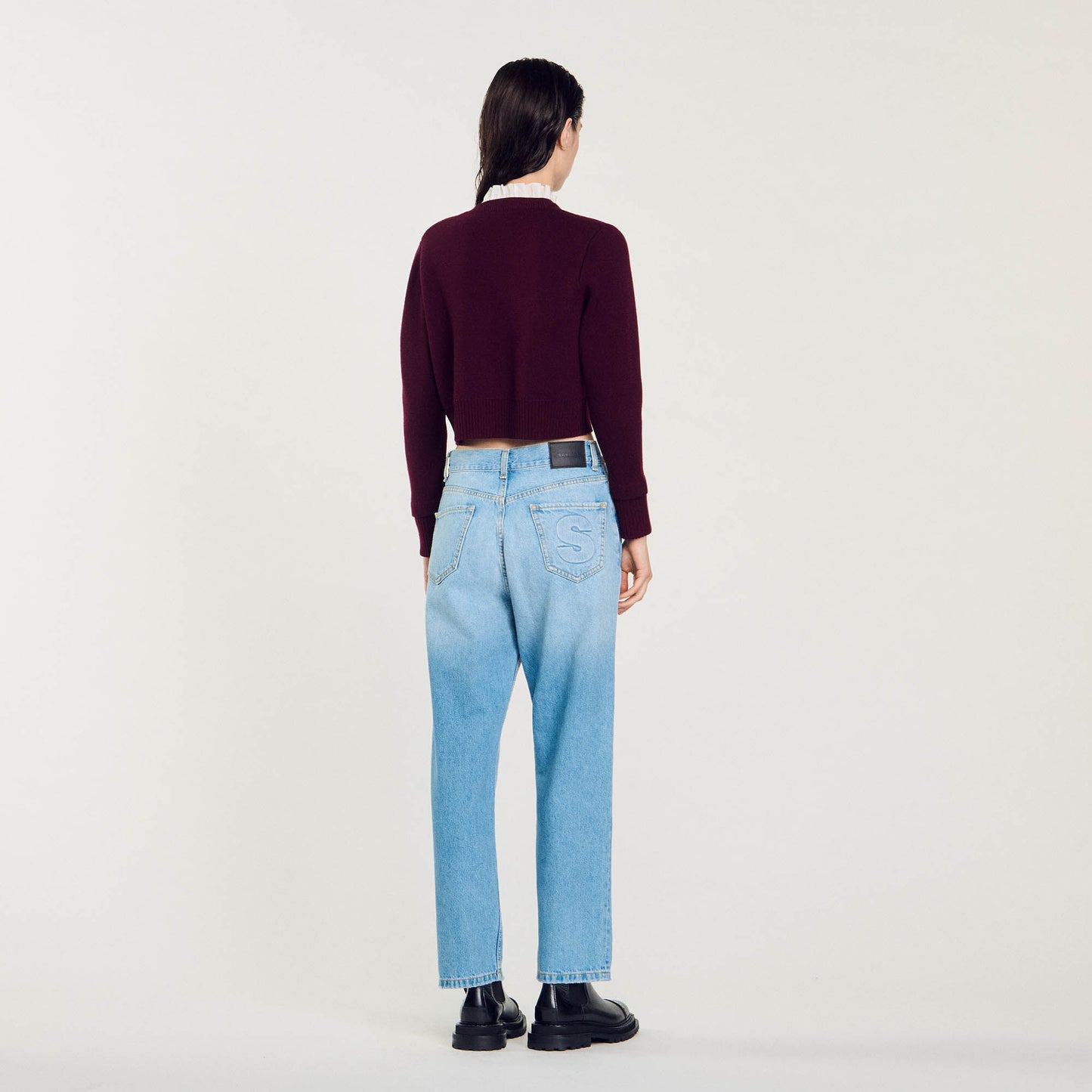 Knit Cardigan With Ruffled Collar Bordeaux