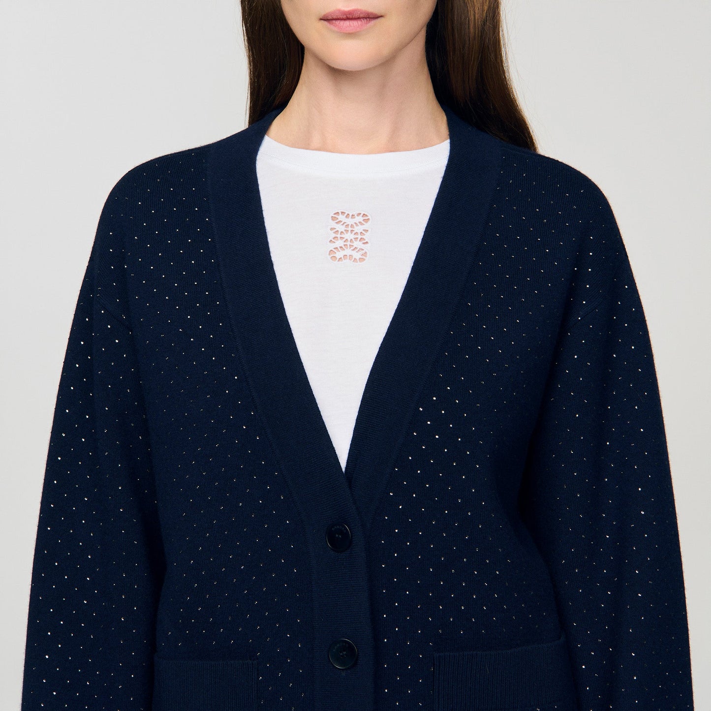 Vaddy Long Rhinestone Cardigan Navy Blue