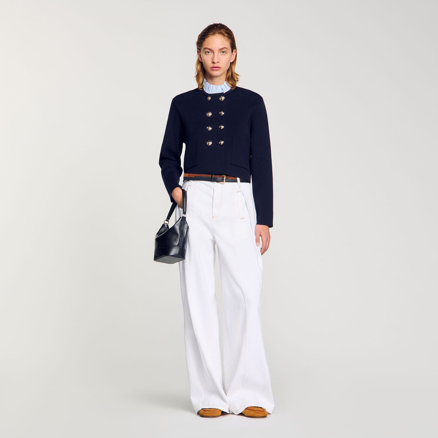 Cardigan With Removable Ruffled Collar Navy Blue