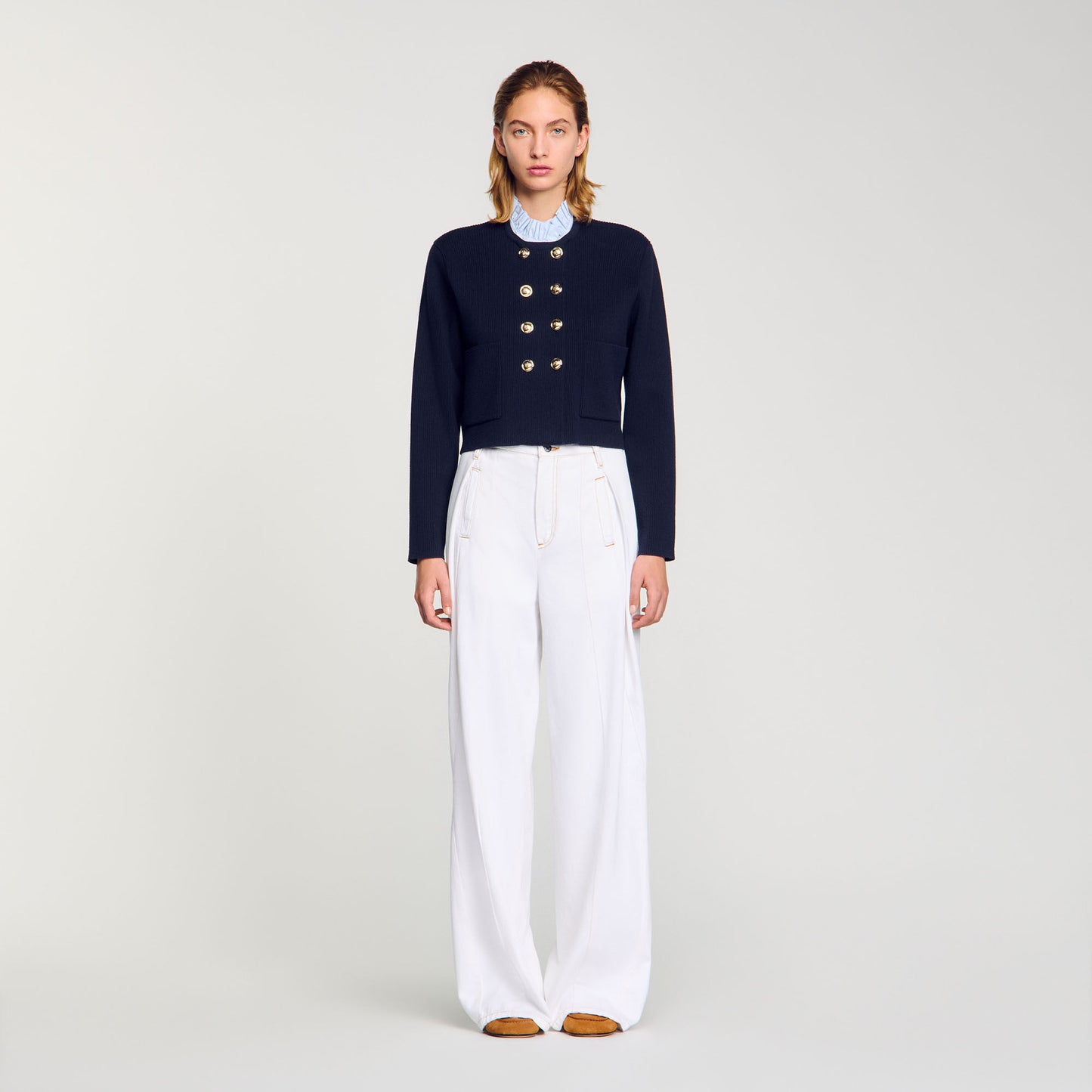 Cardigan With Removable Ruffled Collar Navy Blue