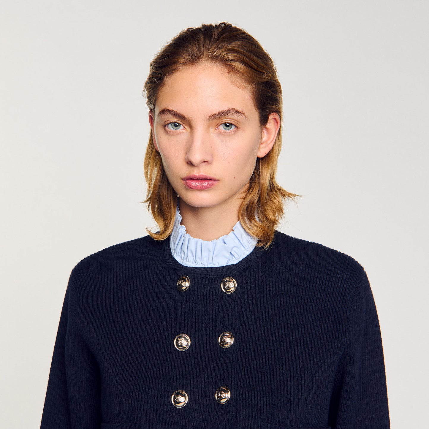 Cardigan With Removable Ruffled Collar Navy Blue