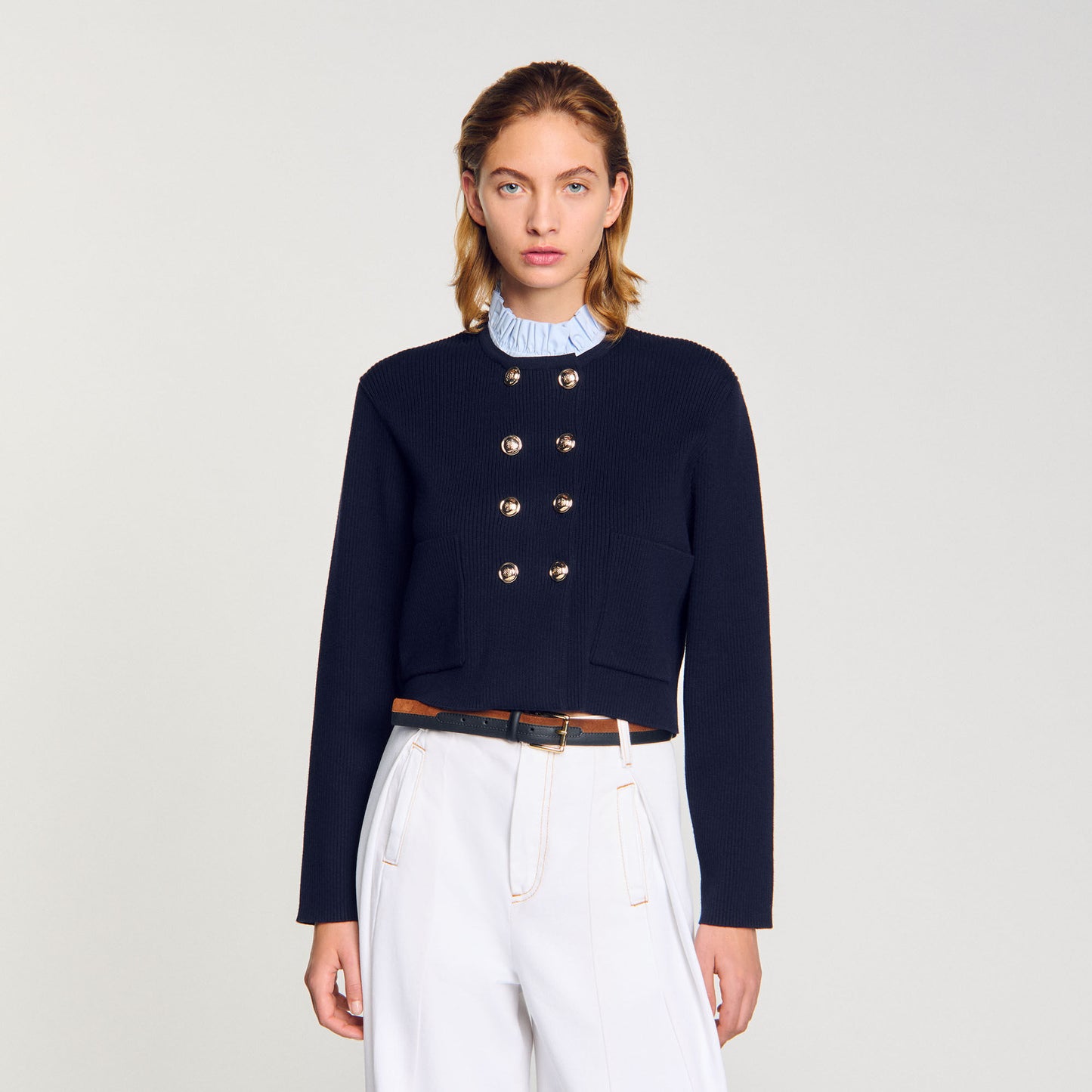 Cardigan With Removable Ruffled Collar Navy Blue