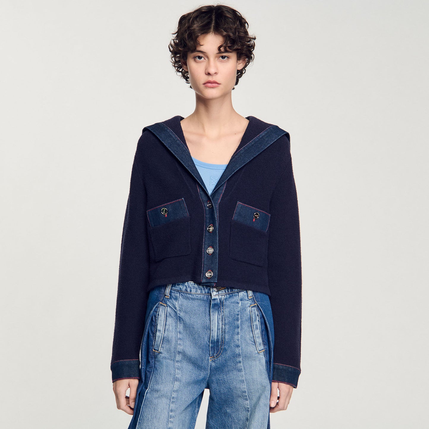 Cardigan With Denim Details Navy Blue