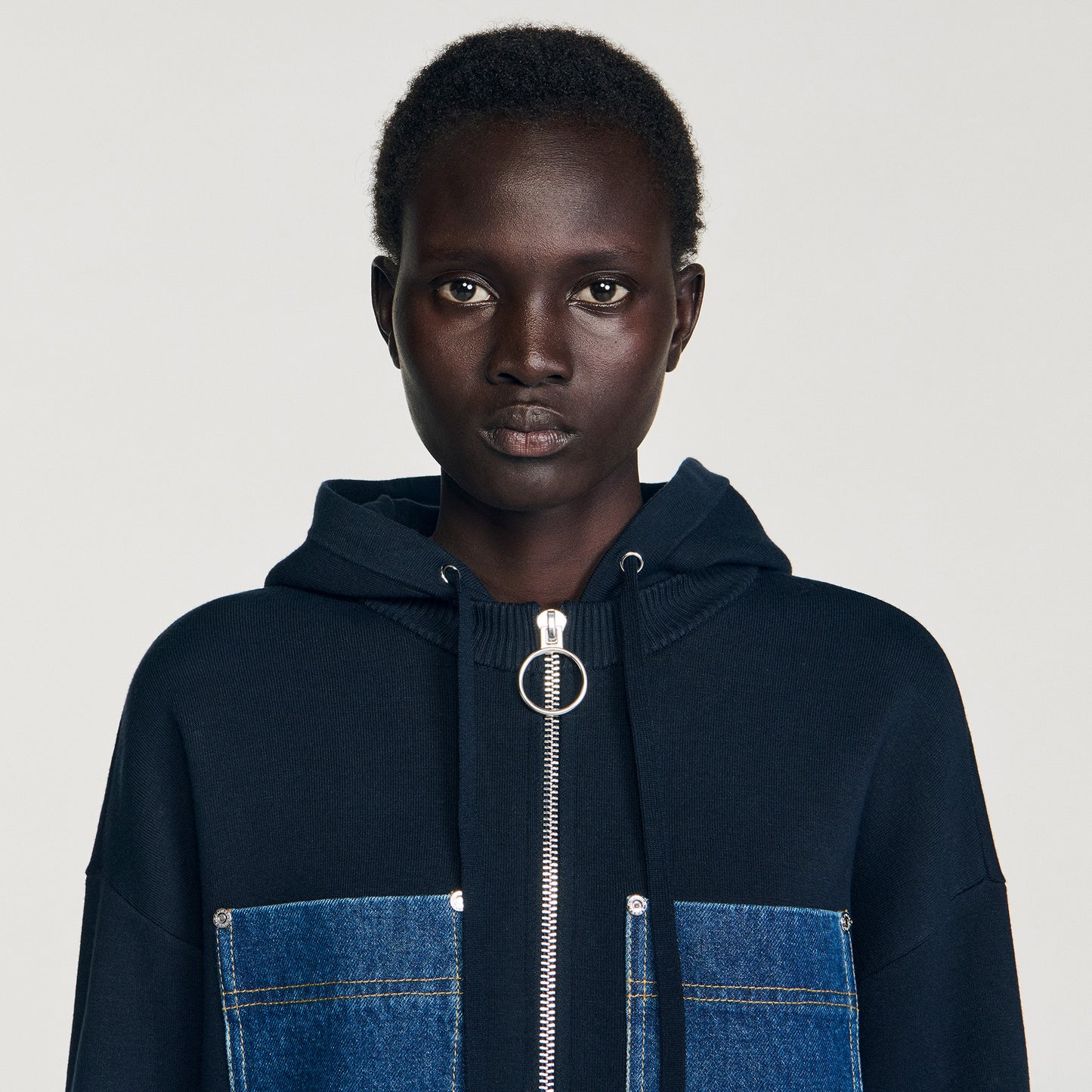 Adriane Knit And Denim Sweatshirt Navy Blue