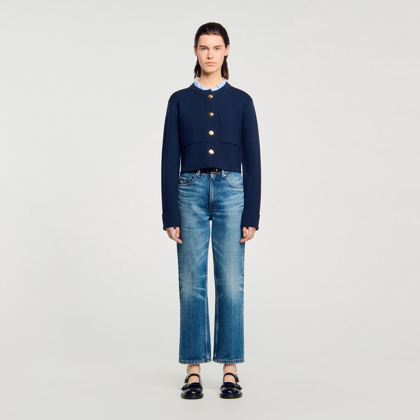 Meunie Cardigan With Ruffle Collar Navy Blue