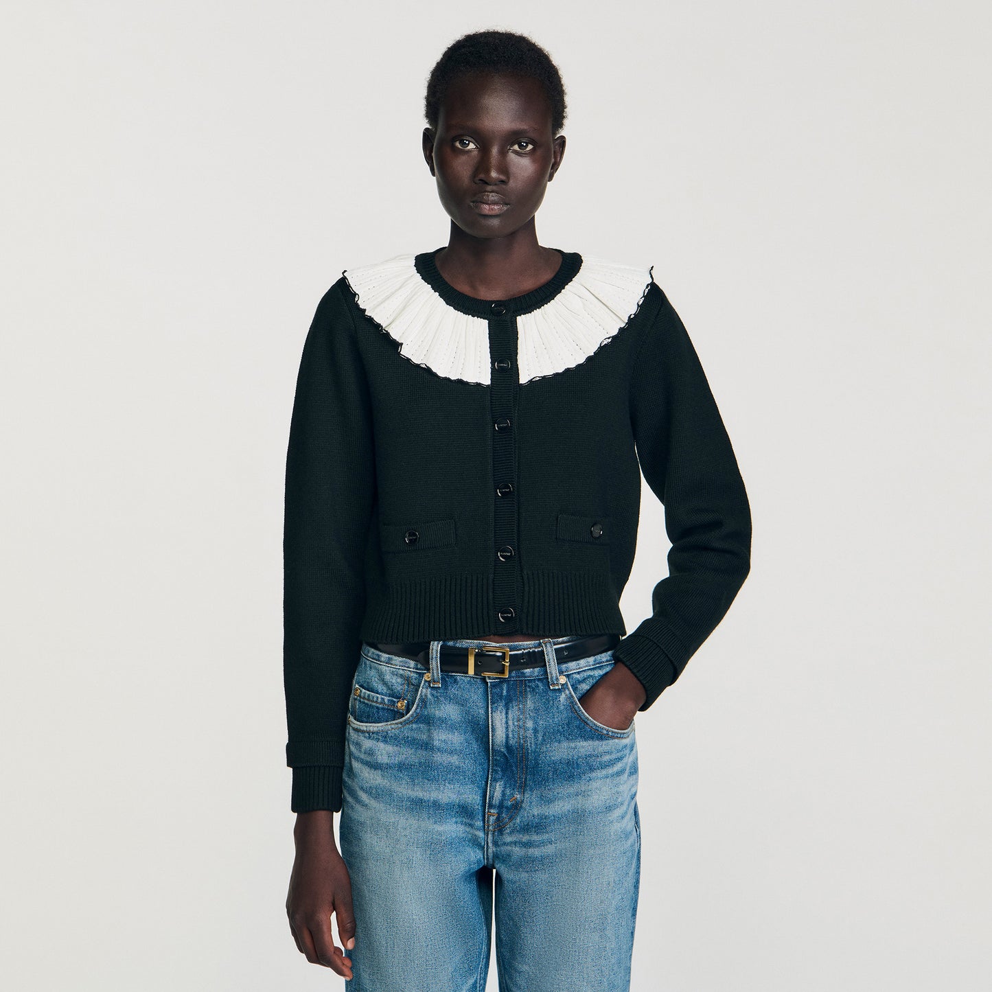 Roman Cardigan With Contrast Collar Black