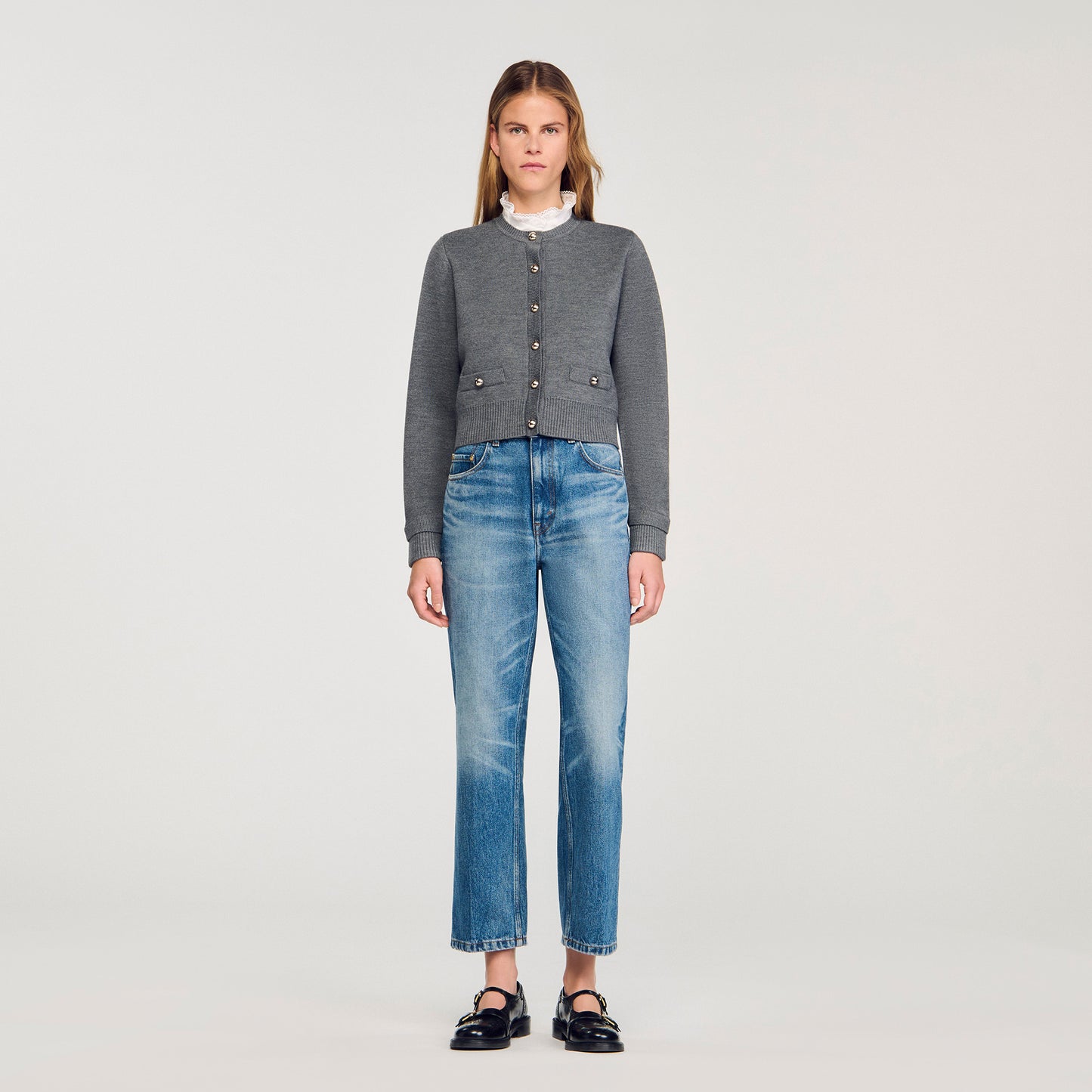 Meuna Cardigan With Ruffle Collar Grey