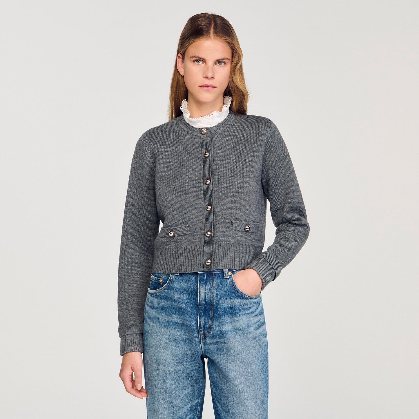 Meuna Cardigan With Ruffle Collar Grey