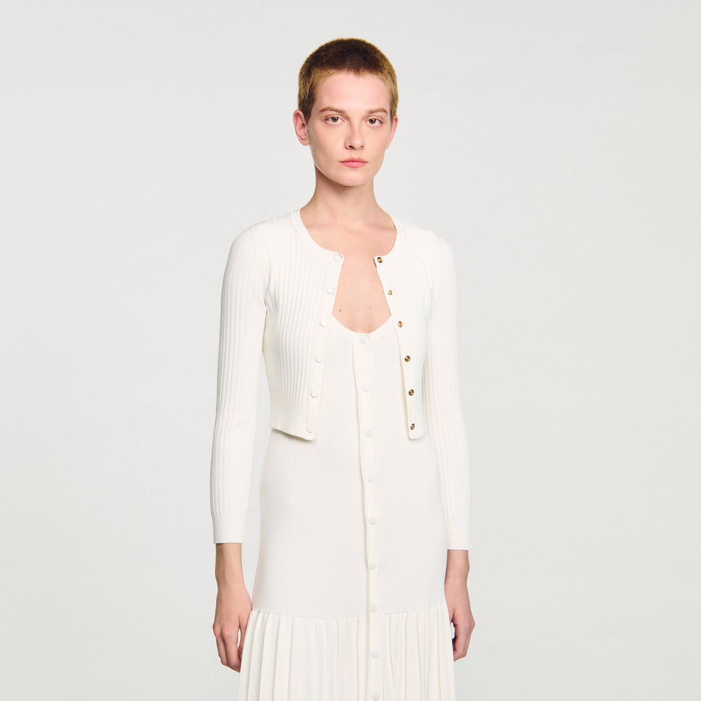 Bello Cropped Rib Knit Cardigan Ecru