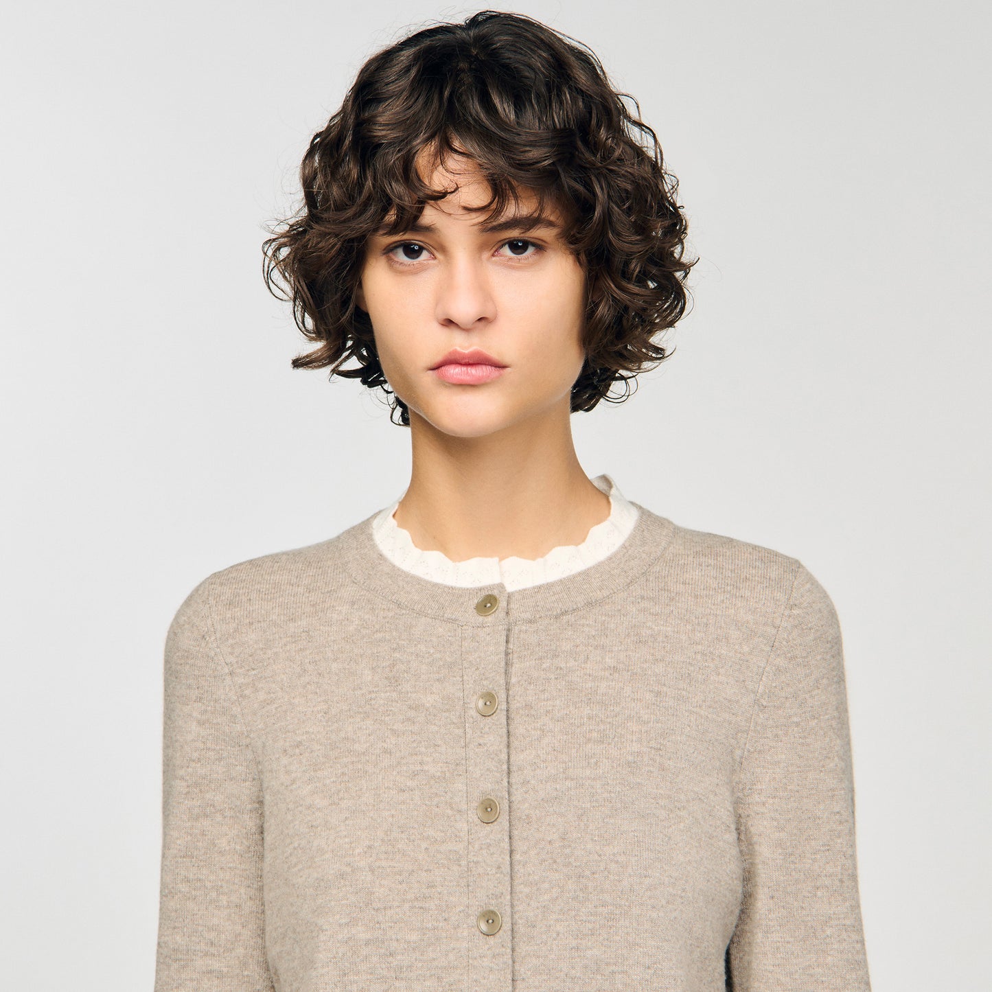 Eleome Cardigan With Contrast Collar Taupe