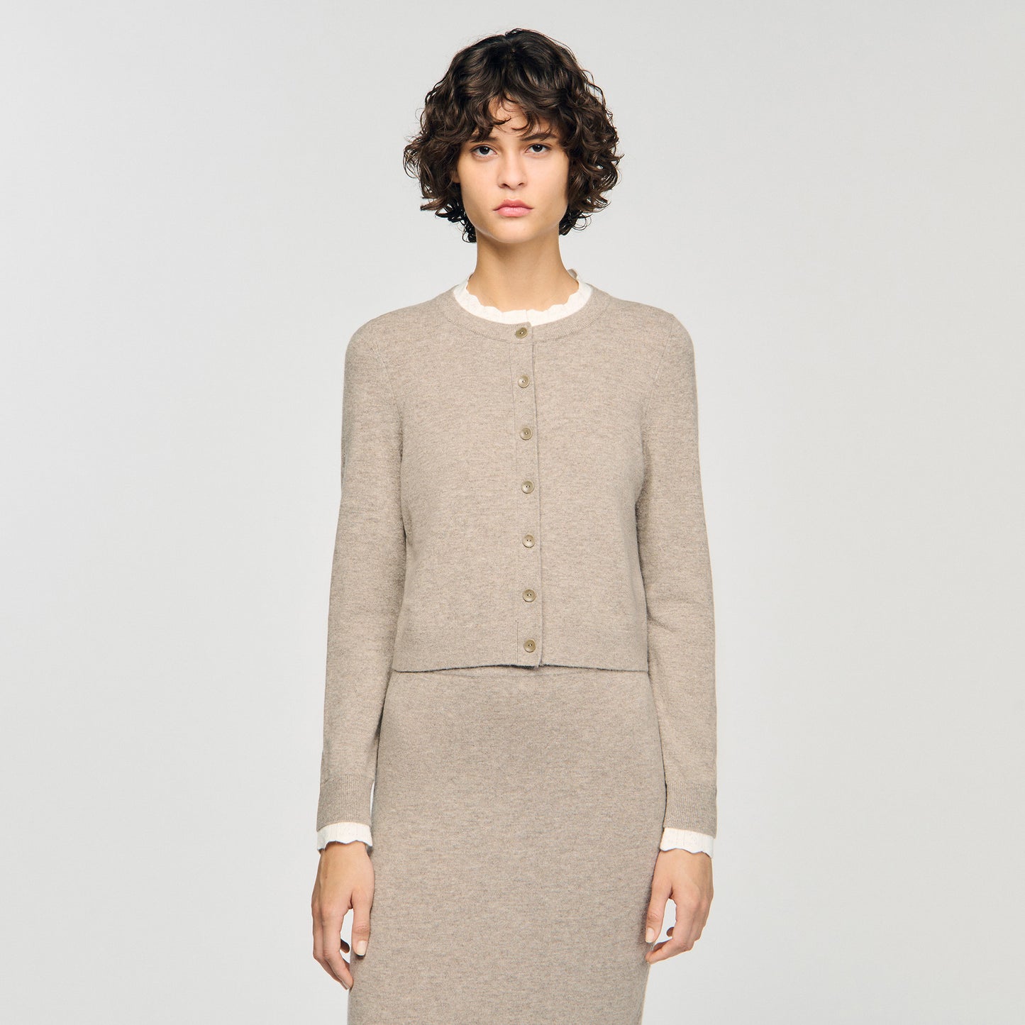 Eleome Cardigan With Contrast Collar Taupe