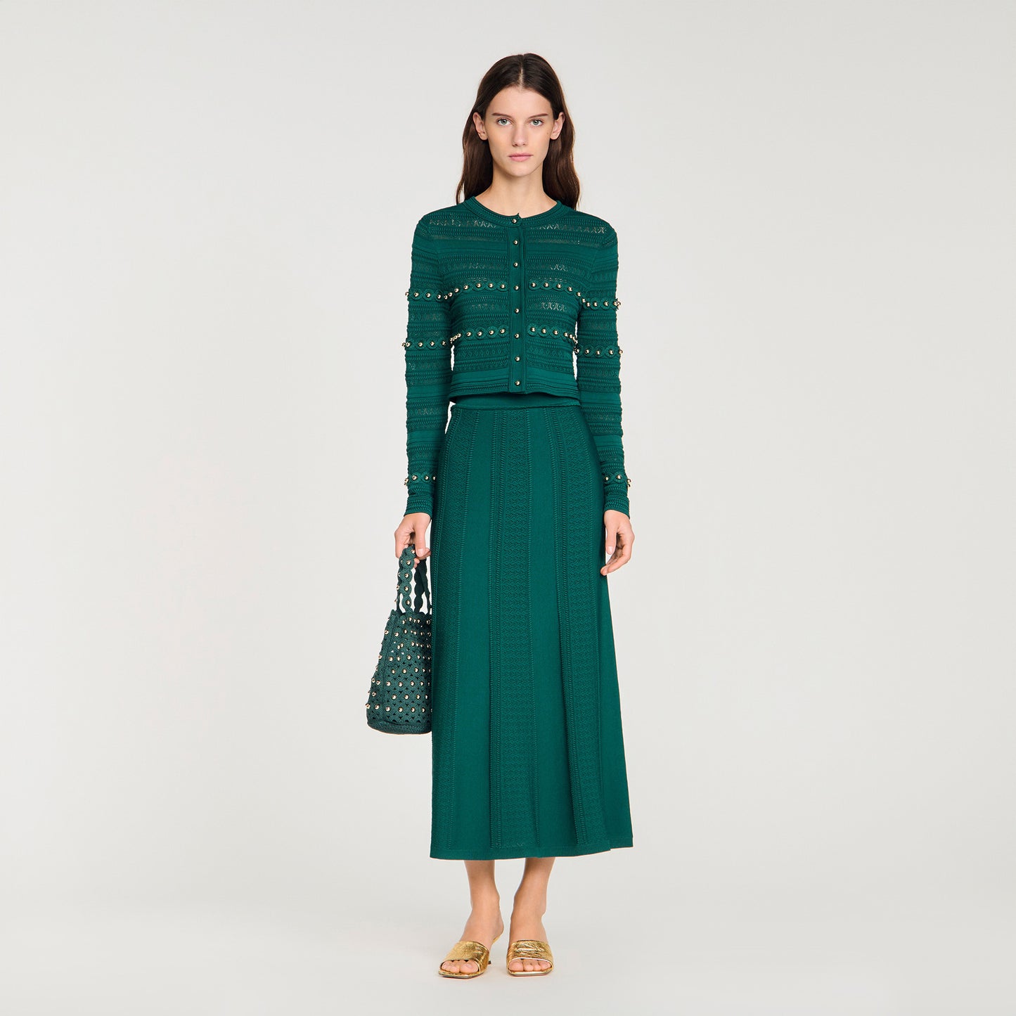 Laneo Pearl Textured Knit Cardigan Dark Green