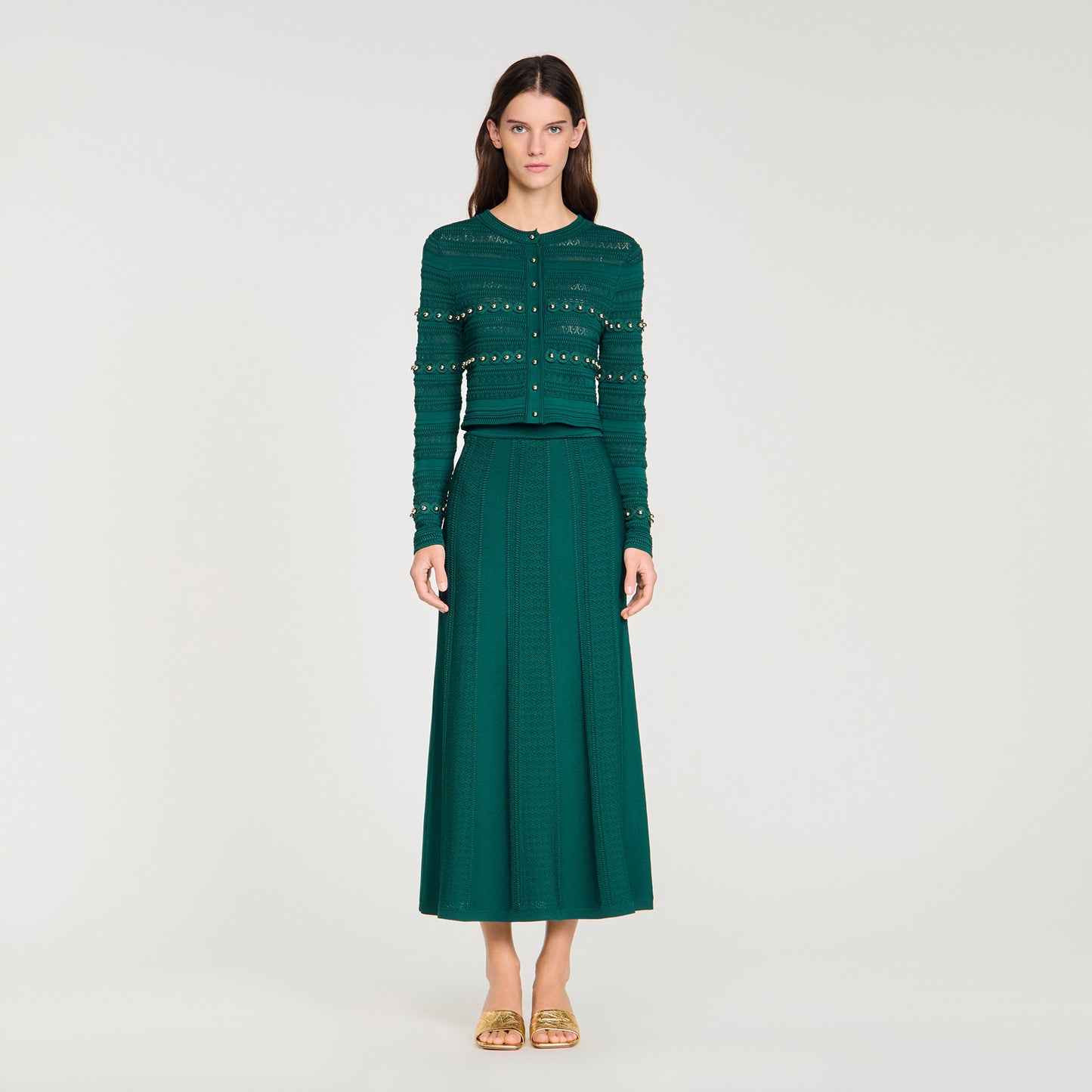 Laneo Pearl Textured Knit Cardigan Dark Green