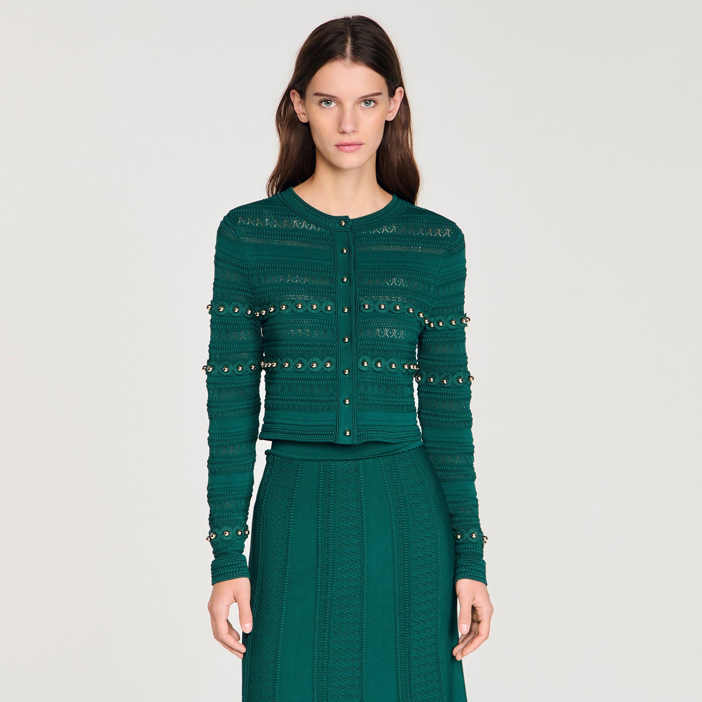 Laneo Pearl Textured Knit Cardigan Dark Green