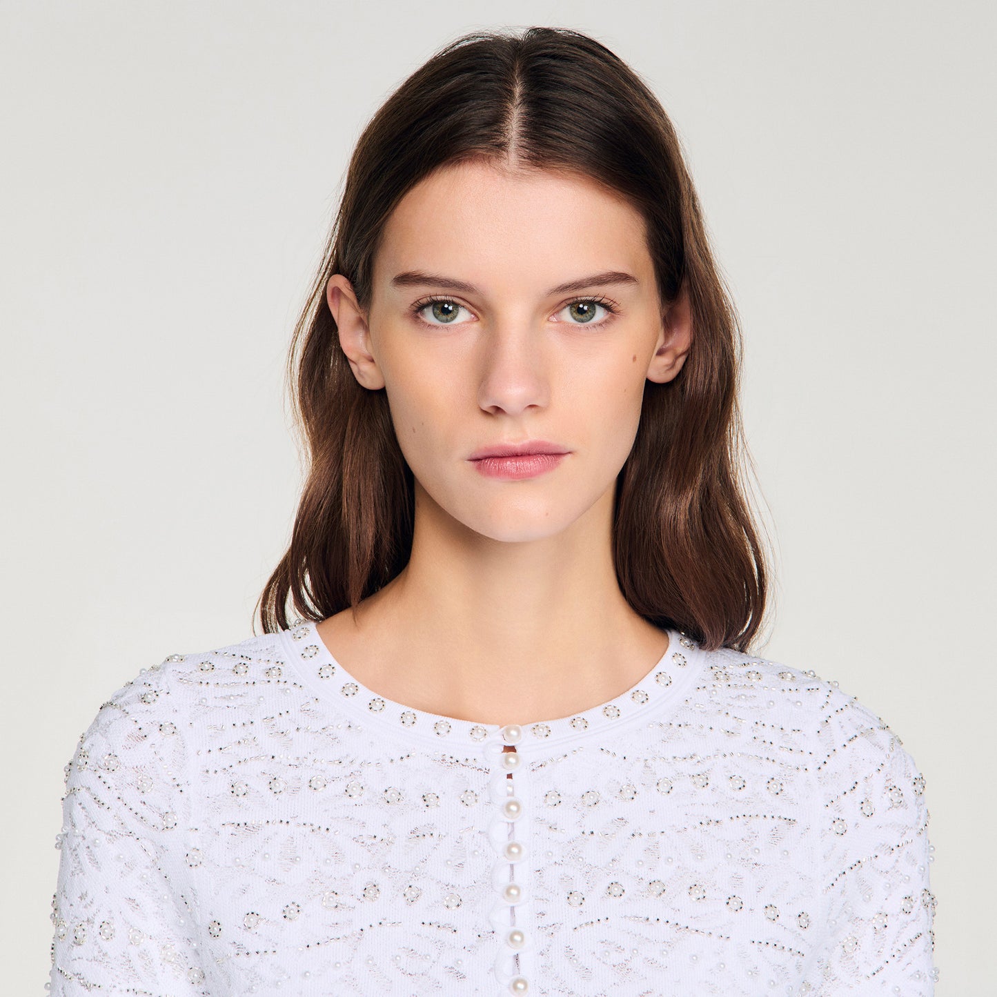 Leva Cropped Pearled Cardigan White