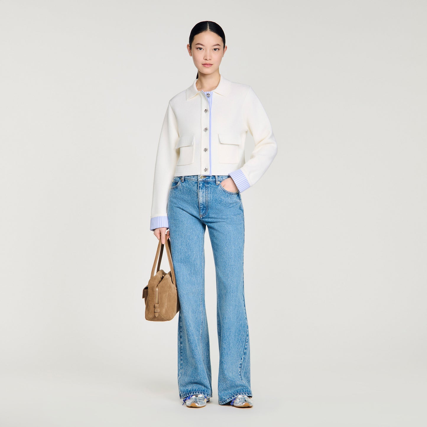 Bruxelles Polo Cardigan With Poplin Details Ecru