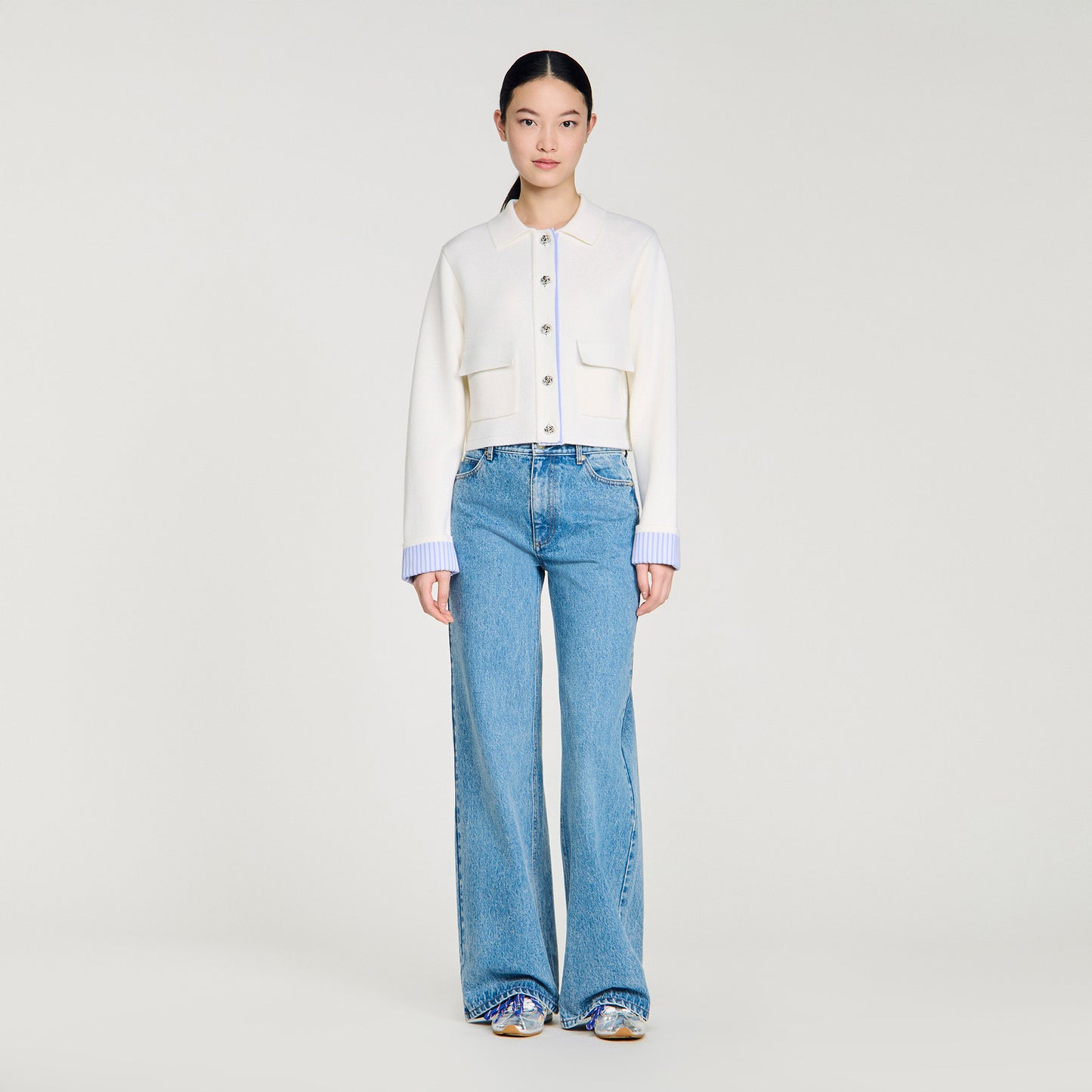 Bruxelles Polo Cardigan With Poplin Details Ecru