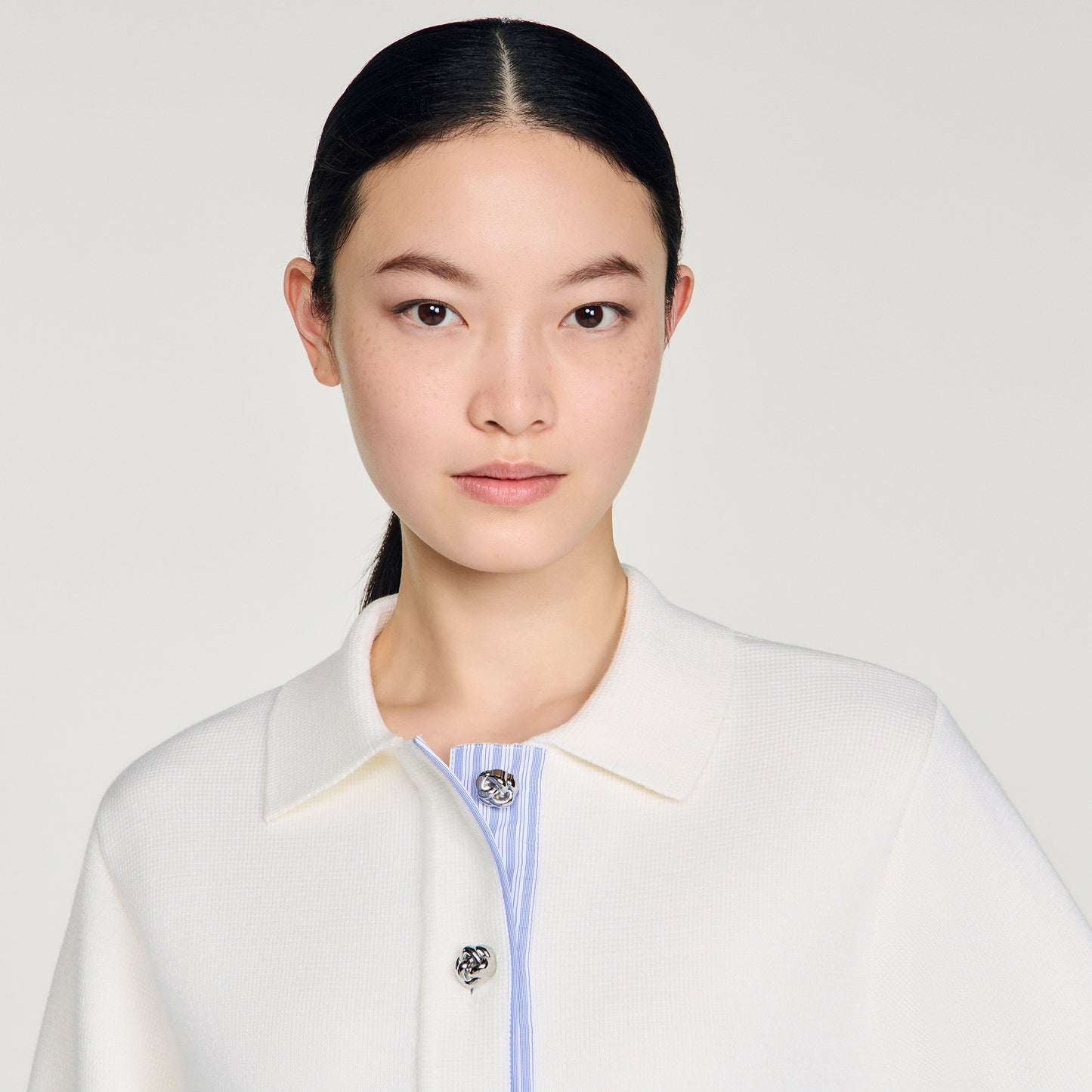 Bruxelles Polo Cardigan With Poplin Details Ecru