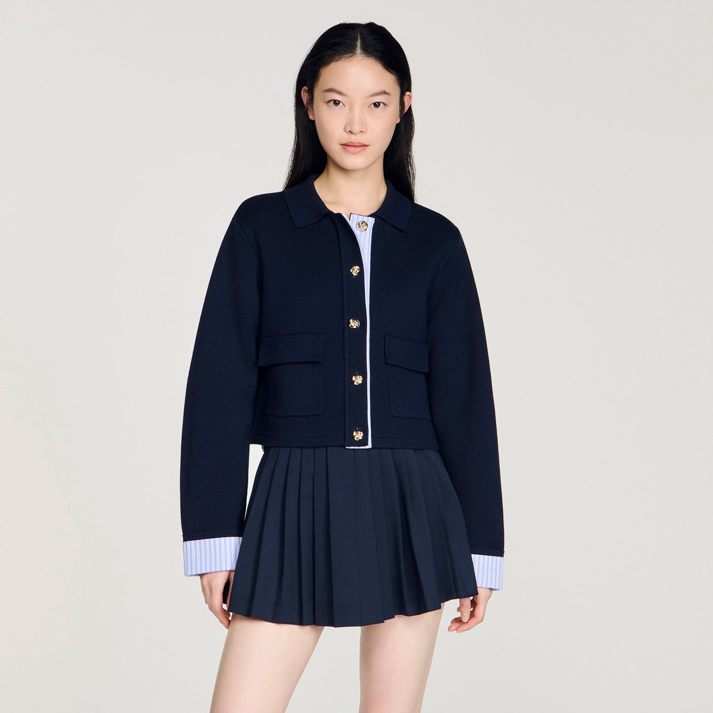 Bruxelles Polo Cardigan With Poplin Details Navy Blue