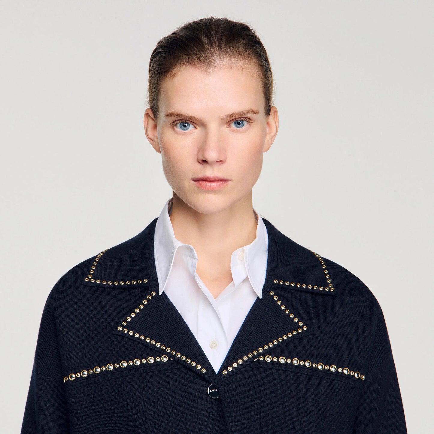 Truman Studded Blazer Collar Cardigan Navy Blue