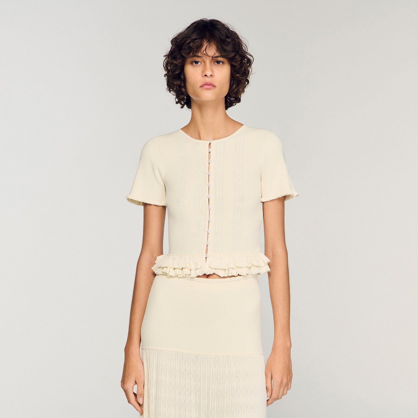 Ruffled Knit Cardigan Ecru