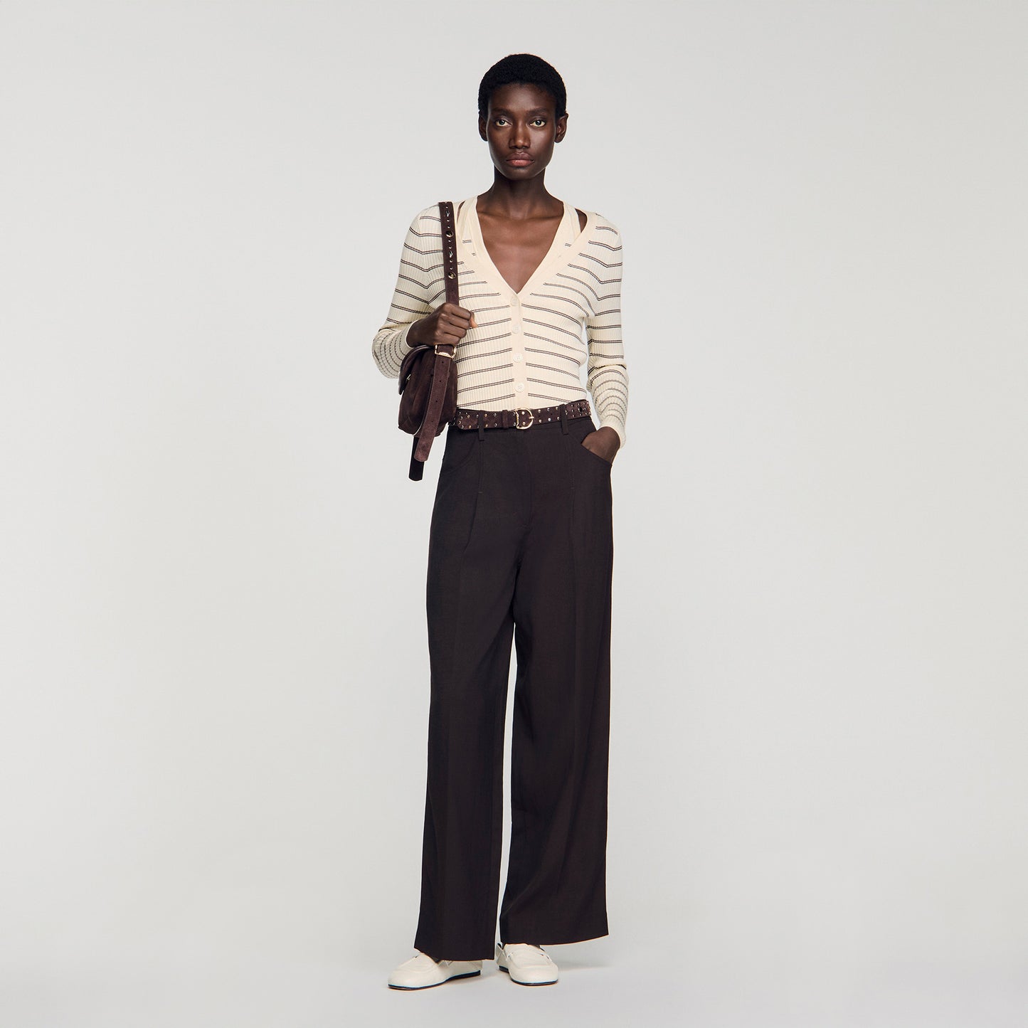 Gabri Striped Ribbed Cardigan ECRU / BROWN