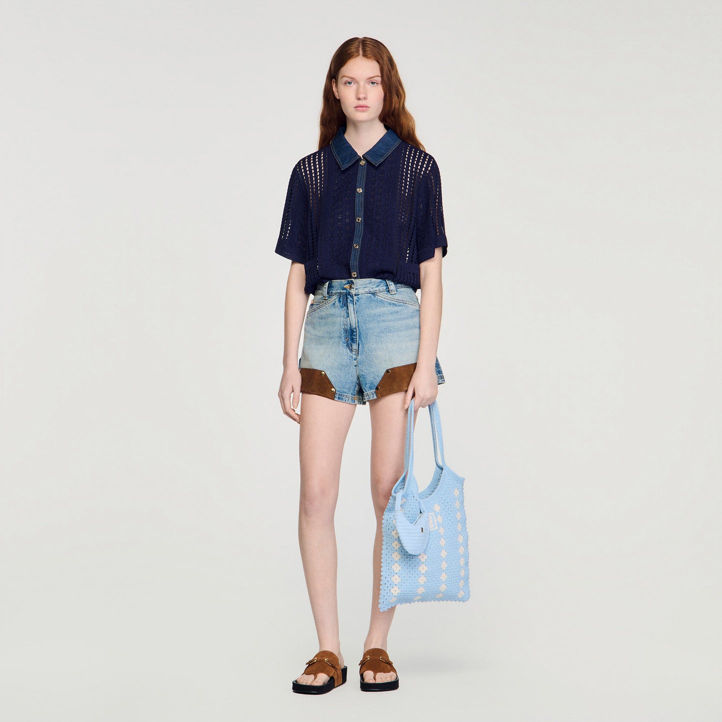Marea Crochet And Denim Cardigan Navy Blue