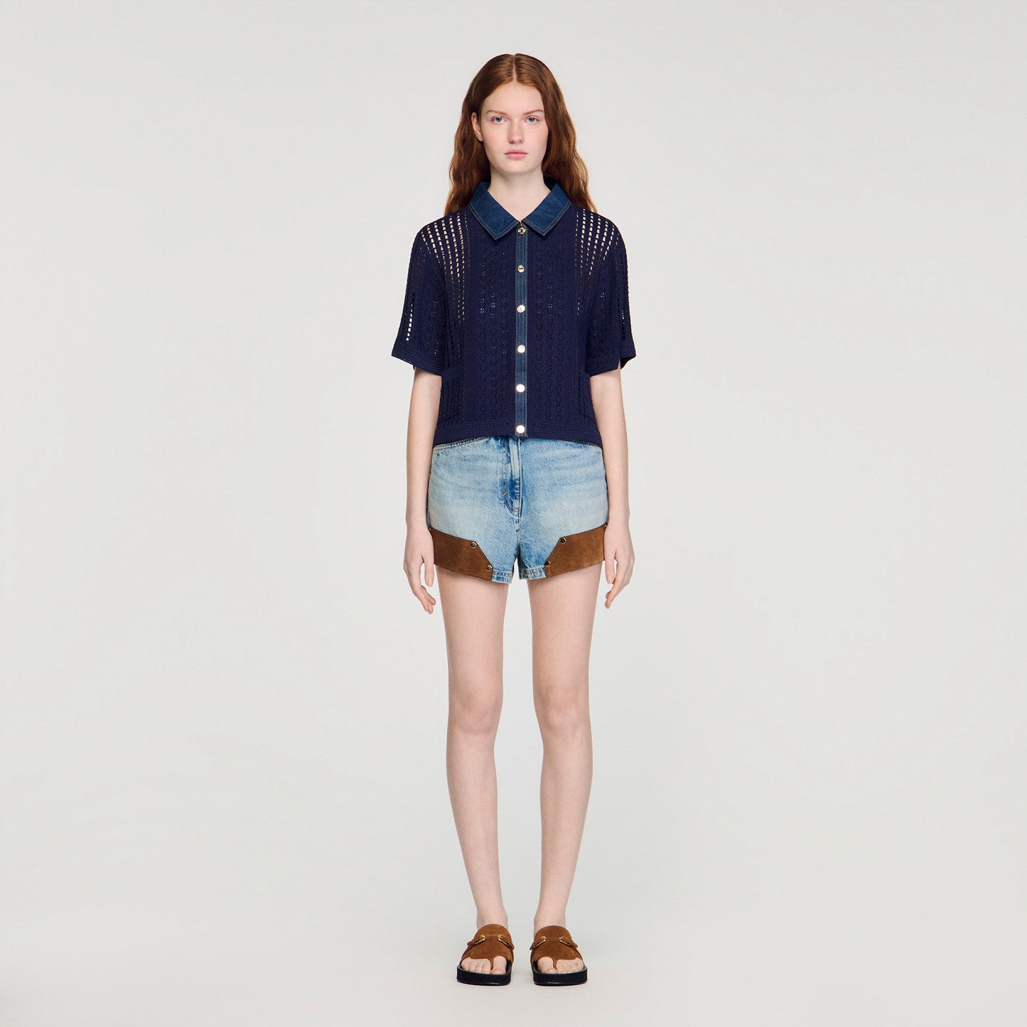 Marea Crochet And Denim Cardigan Navy Blue