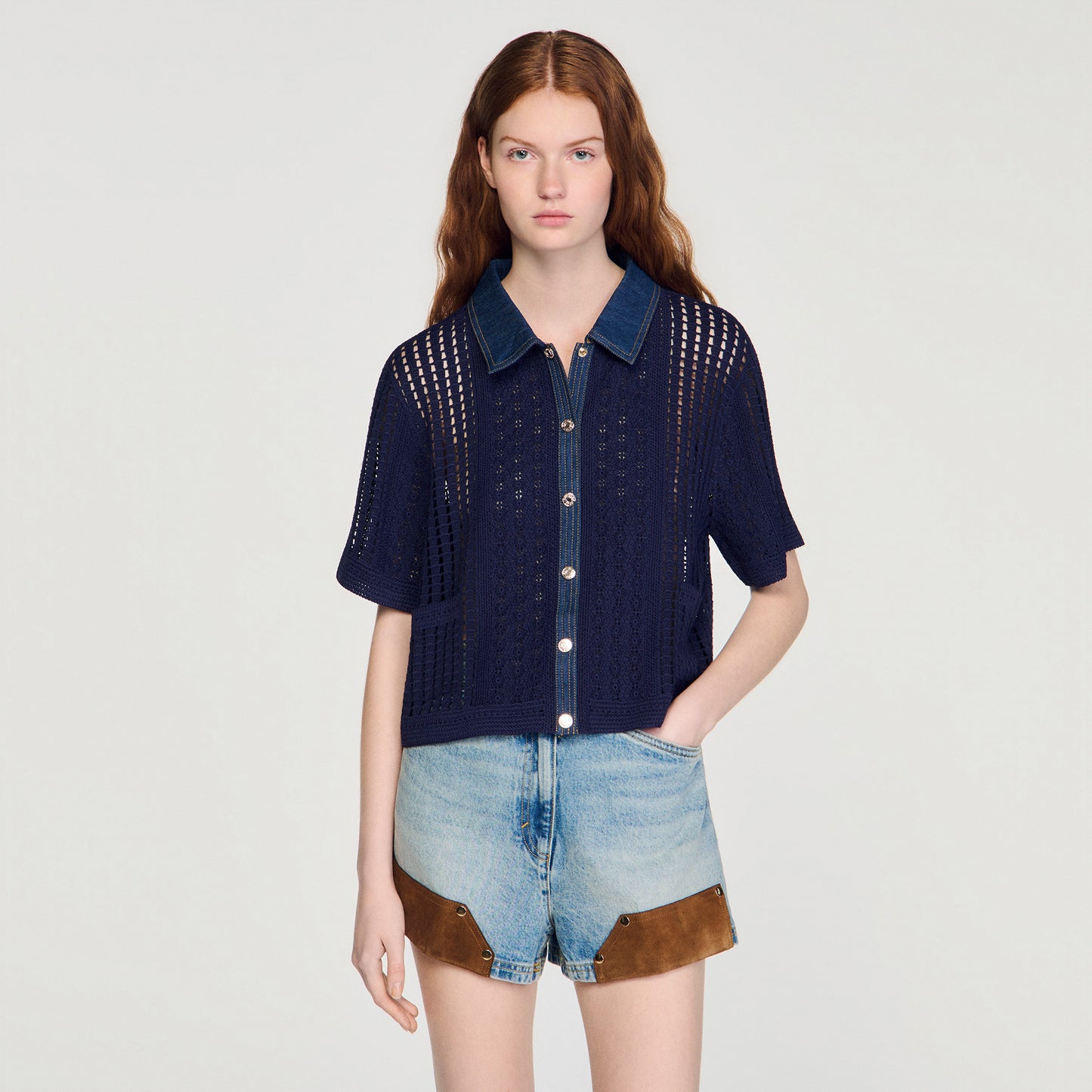 Marea Crochet And Denim Cardigan Navy Blue