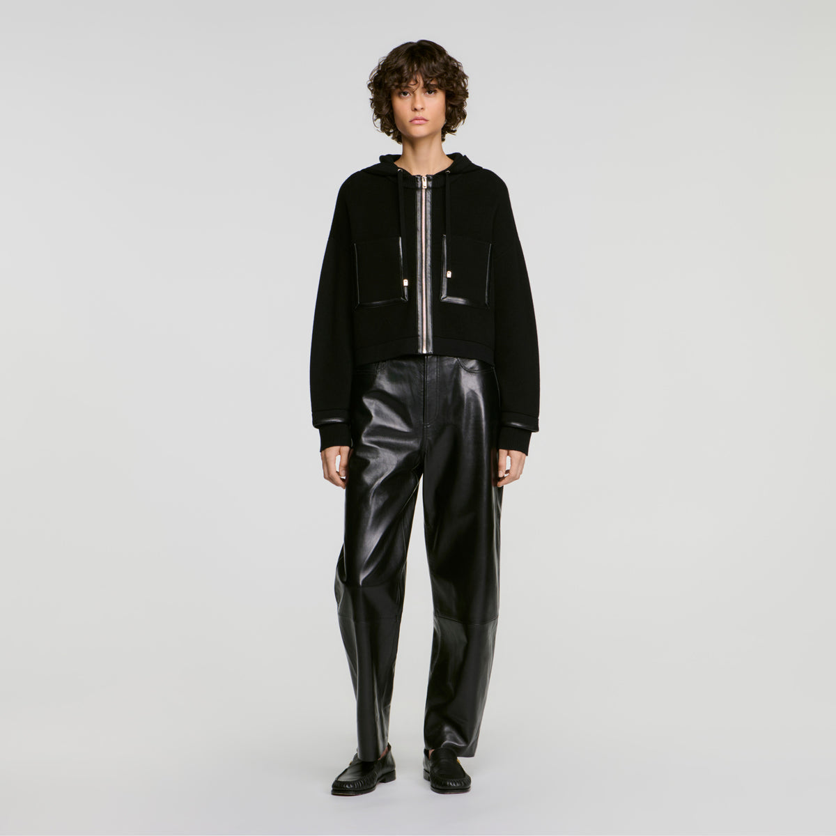 Arlo Hooded cardigan, leather details Black